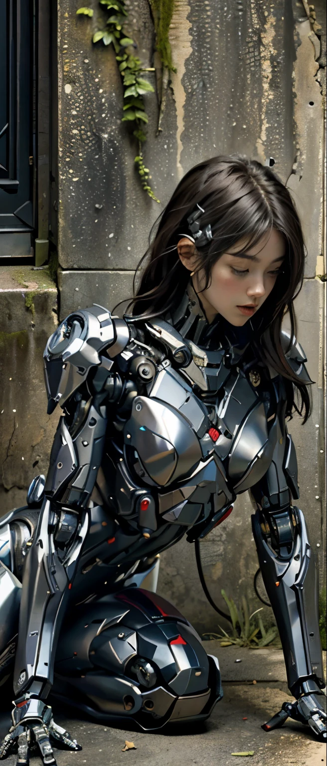 ((masterpiece, highest quality, Highest image quality, High resolution, photorealistic, Raw photo, 8K)), Abandoned robot soldier on battlefield, broken and immobile, A discarded robot with one arm and lower body missing, sitting on the floor and leaning against the wall, rust and moss showing passage of time, female cyborg body, female body, biomechanical , extra detailed body, blowjob white mech, white biomechanical details, detailed body, shiny white armor, cybernetic body, eva unit-00 on back, full body details,