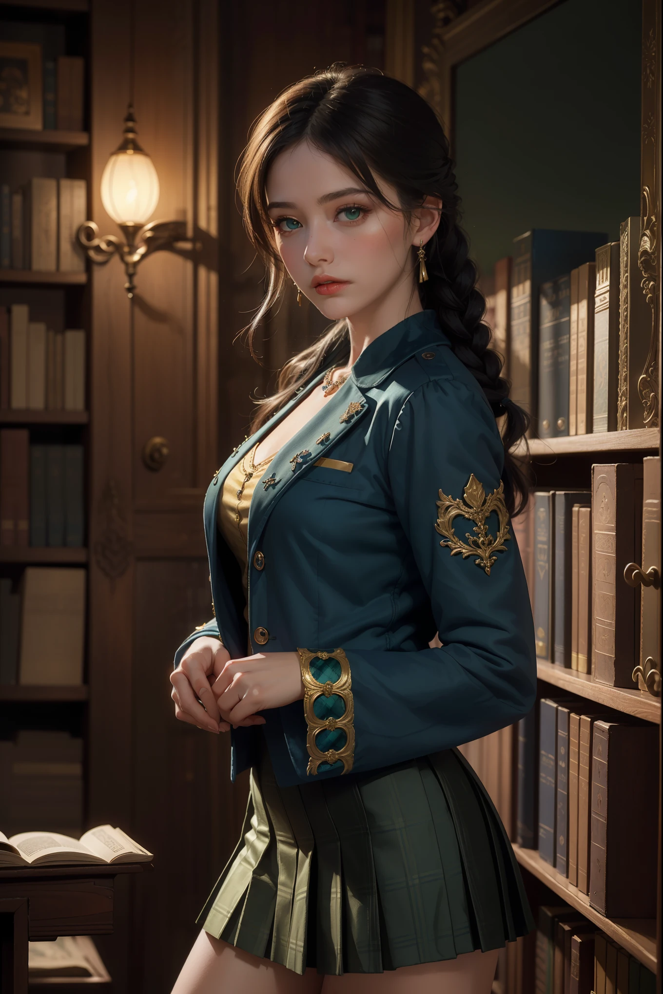 ((photorealism, high quality, detail, masterpiece, best quality:1.2)), (more than half of the body) A young aristocrat girl from a fictional European medieval aristocracy, a student of the Academy of Magic, looks at us with seductive eyes ... (she stands half-turned, holding her skirt with her hands), dressed in a student uniform, (dark blue) short jacket made of fabric (velvet) ((gold trim, sleeve patch, jewelry)), (green) plaid pleated dress, (black) thick hair braided on one side, green eyes. Magical atmosphere, Magic Academy, ancient library, fantasy art, this work is done in very realistic colors.She is characterized by artistic expressiveness.