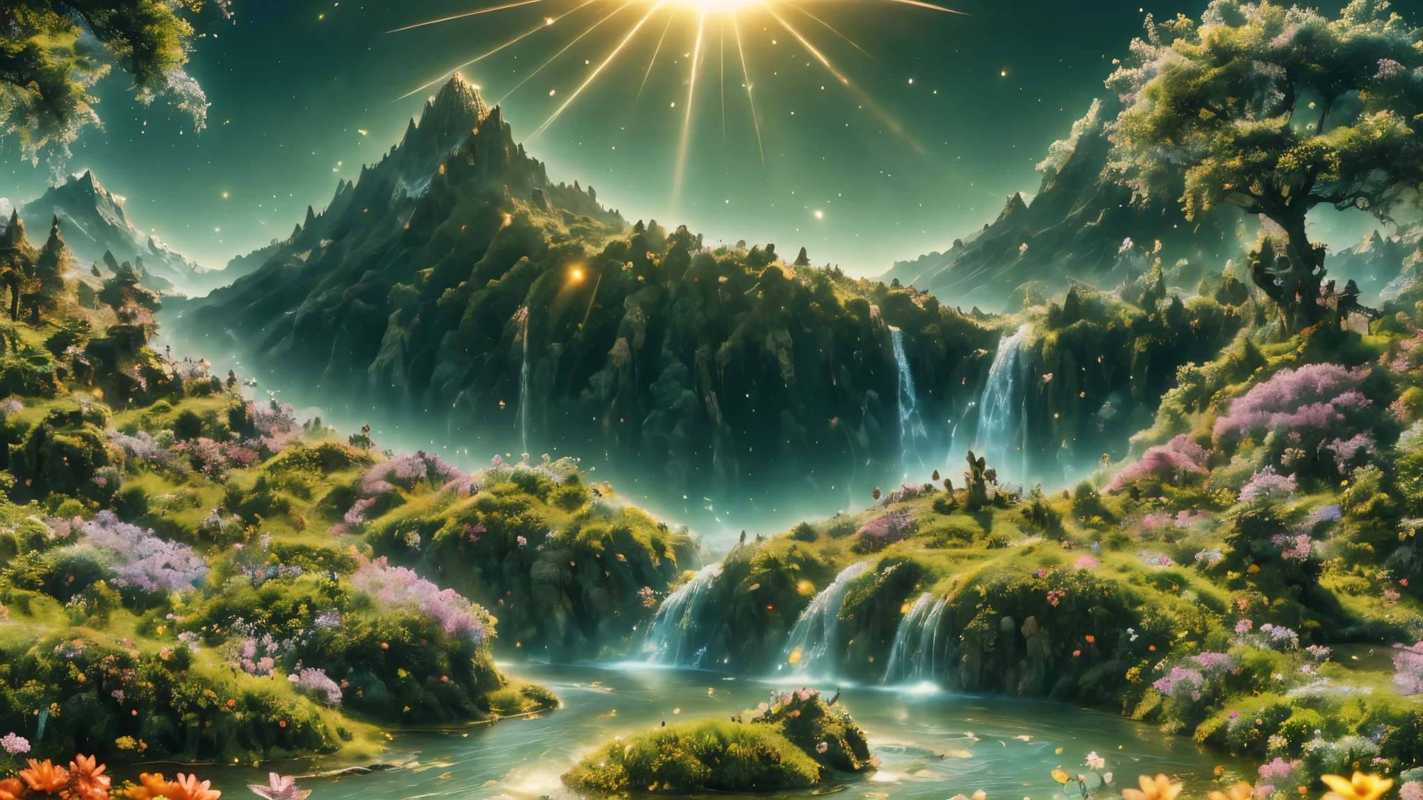 (best quality,8k,panoramic view,Masterpiece:1.2),Eden's garden,lush green trees,vibrant flowers,tranquil waterfall,golden sunlight,majestic mountains,crystal clear lake,serene scenic beauty,colorful butterflies,paradise in this land"eden"in the theme screen，we saw a perfect scene。first，我们远远地俯瞰着这座eden，The whole picture is surrounded by a grand"panoramic"Showed，Extremely high definition，Colorful details are incredible。This is a big land，Lush green trees，under sunlight，Every tree is full of vitality，Delicate green is outlined by gorgeous flowers，The entire garden is immersed in harmonious greenery。In the middle of the garden，There is a charming waterfall，The water pours down gently，A refreshingly clear lake formed。The sun shines on the lake，Give it a sparkling beauty，The lake reflects the colors of the surrounding flowers and plants，A colorful picture is formed。on the edge of the garden，We can see the magnificent mountains，Towering and majestic，It adds a magnificent momentum to the whole scenery。在这个梦幻的eden中，You can also see colorful butterflies flying，They dance，Adds a touch of vividness and vitality to this picture。The whole picture is full of beauty and tranquility，intoxicating，It&#39;s like being in a real paradise。through this masterpiece of art，We can feel the power and endless beauty of nature。让我们一起沉浸在这个eden的奇妙世界中吧！