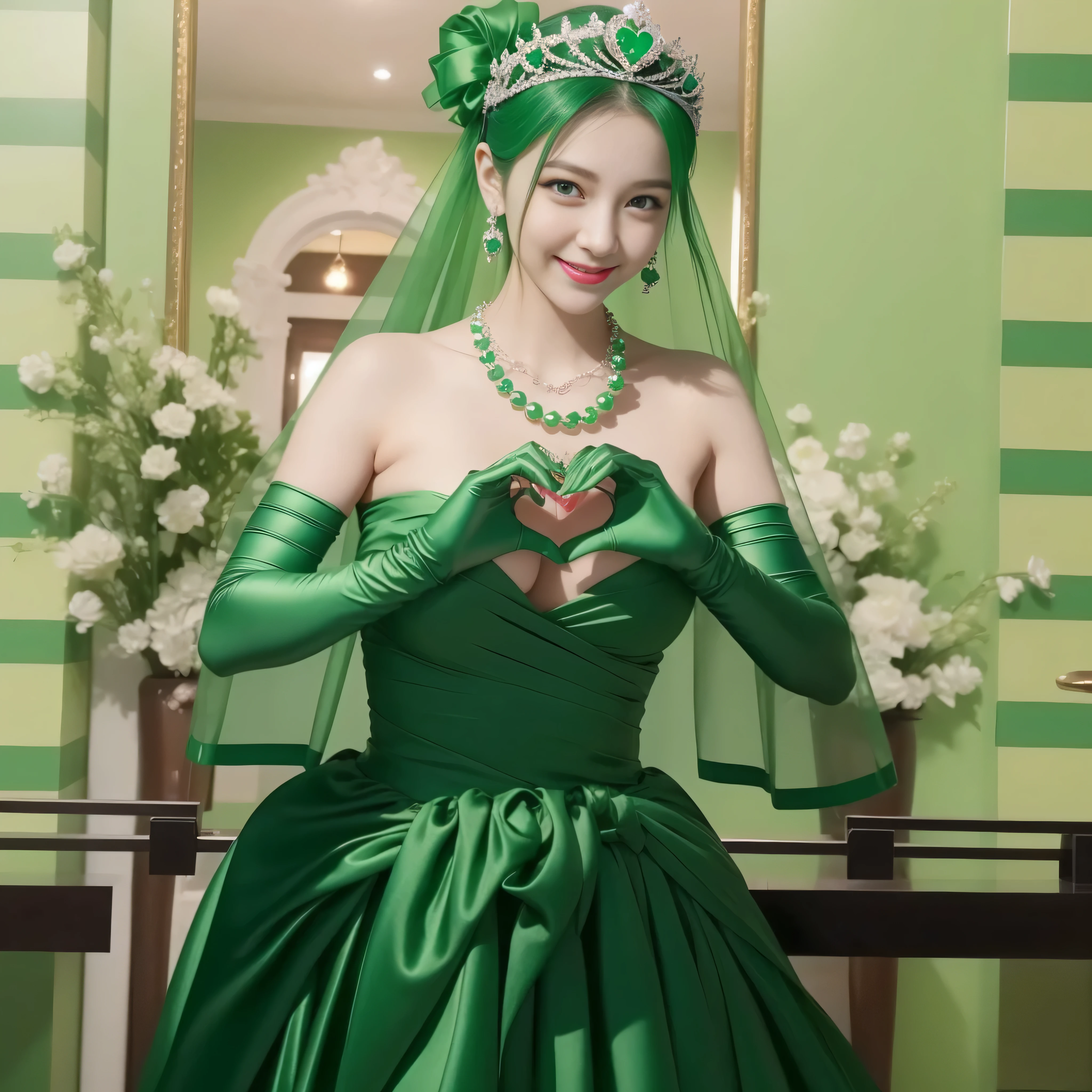 emerald tiara, Green Pearl Necklace, ボーイッシュな非常に短いgreen hair, green lips, smiling Japanese woman, very short hair, Beautiful woman with big breasts, green eyes, green satin long gloves, green eyes, emerald earrings, Green veil, Heart with both hands, green hair, beautiful japanese woman, heart shaped hands:1.3, green lip gloss