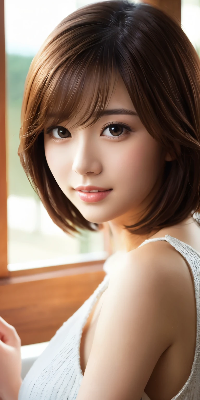 masterpiece、highest quality、High resolution、table top、wallpaper、realistic、bright lighting、professional lighting、face light、smooth lighting、japanese woman、adult、Beautiful woman、action、gravure、sexy、poor、super beautiful、beautiful skin、beautiful and detailed eyes、detailed face、slim、moderately、short hair、brunette colored hair、brown eyes、look at the camera、i have lemon
