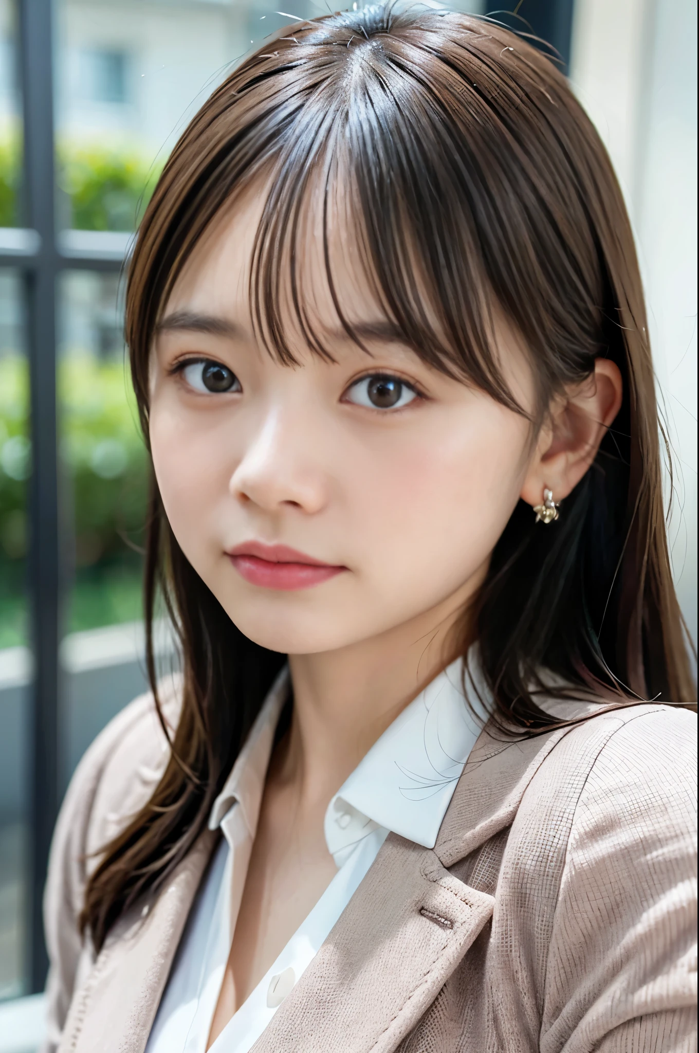 ((masterpiece,best quality 1.4)), (8k,RAW photo:1.2), (realistic,photo realistic:1.4), ultra high resolution , (Highly detailed 8k wallpaper) ,japanese idol, Japanese actress, Japanese, very cute, Big eyes, highly detailed eyes and face, Beautiful eyes in every detail,shiny skin,portrait,(medium hair and straight hair :1.3),earring ,professional lighting, sharp focus, Depth of written boundary , (dynamic angle:1.4 ). blur background, Bokeh, (office lady, suit :1.2 )