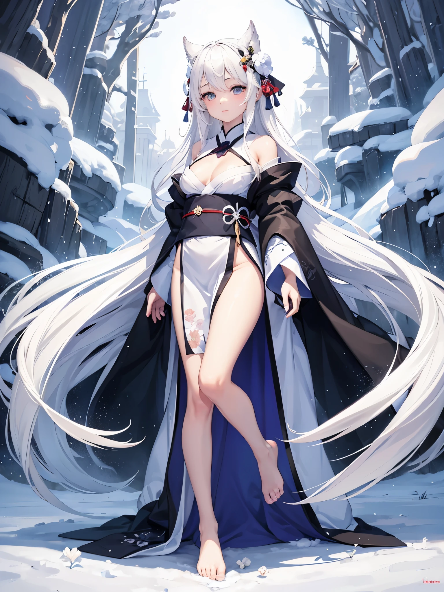 1girl, snow spirit, long kimono, exposed cleevage, small breasts, cute face, big eyes, white eye color, long white hair, calm expression, blizzard background, bare feet shot, full body leght visible, white underwear with flowers pattern, good hands(2)