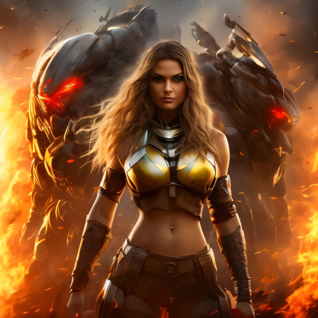 realistic photo of girl and her mech,  girl (native american) has long hair, dark skin, feathers, hair ornament, jewelry, necklace, tribal, headdress, armlet, facepaint, bracelet. mech is red and black colors, has guns, glowing blue eyes, is armored, realistic photo, full shot, low angle, raw photo, 8k,  imersive background