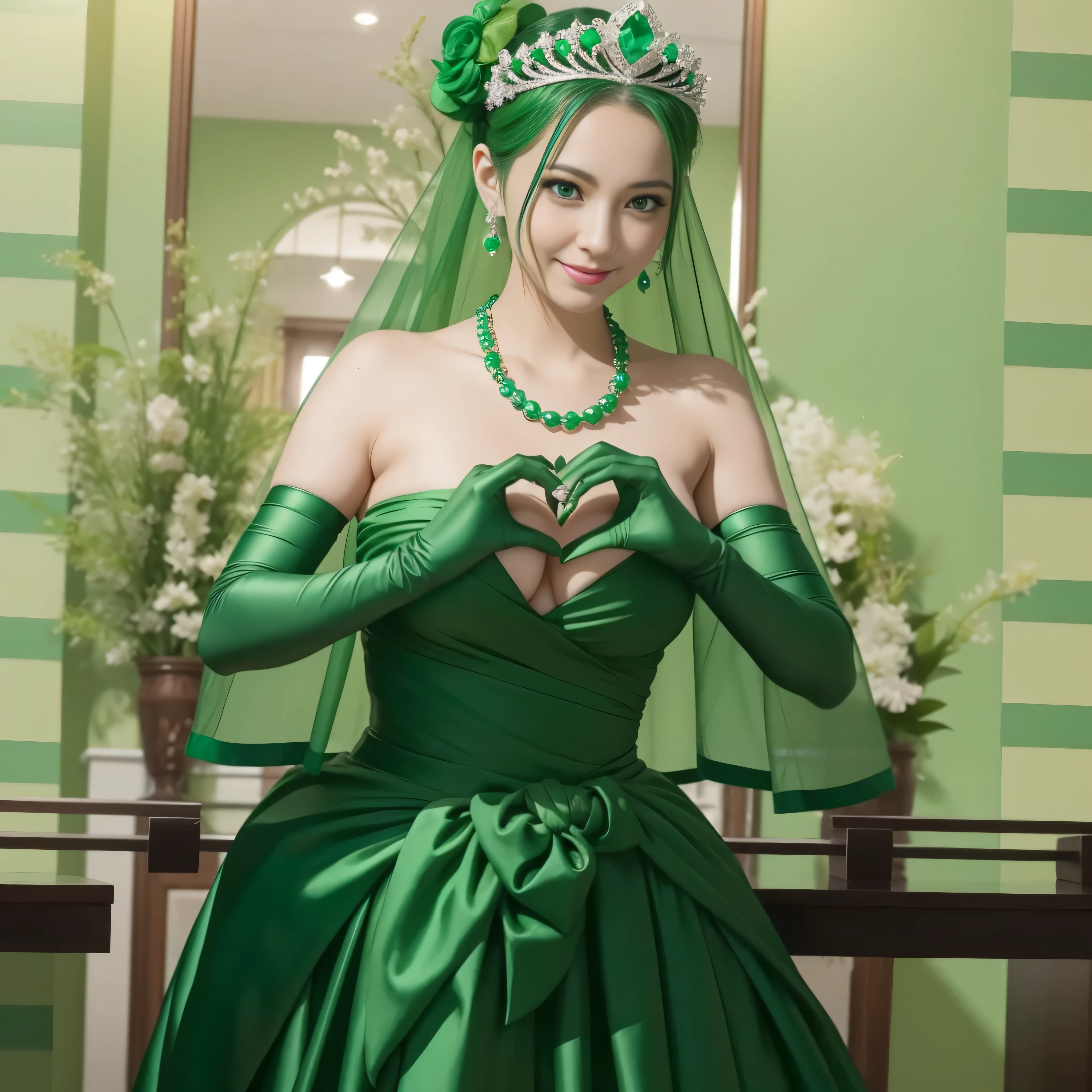 emerald tiara, Green Pearl Necklace, ボーイッシュな非常に短いgreen hair, green lips, smiling Japanese woman, very short hair,  Beautiful woman with big breasts, green eyes, green satin long gloves, green eyes, emerald earrings, Green veil, Heart with both hands, green hair, beautiful japanese woman, heart shaped hands:1.3, green lip gloss