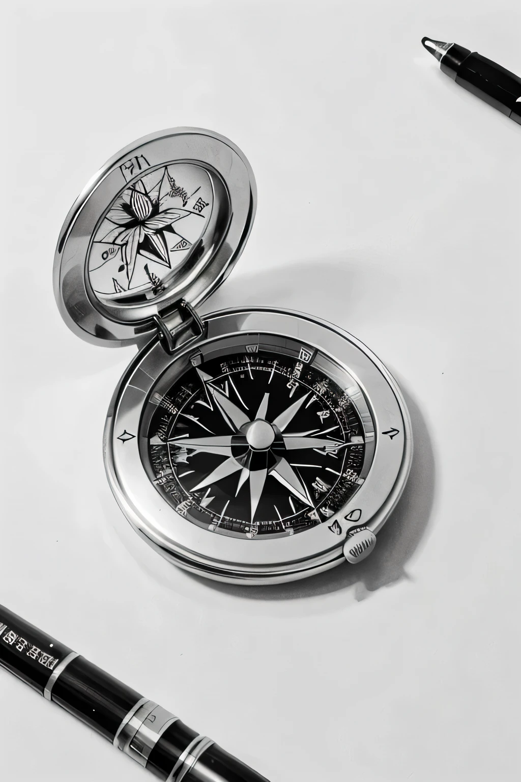 Black and white drawing of a compass rose surrounded by lilies