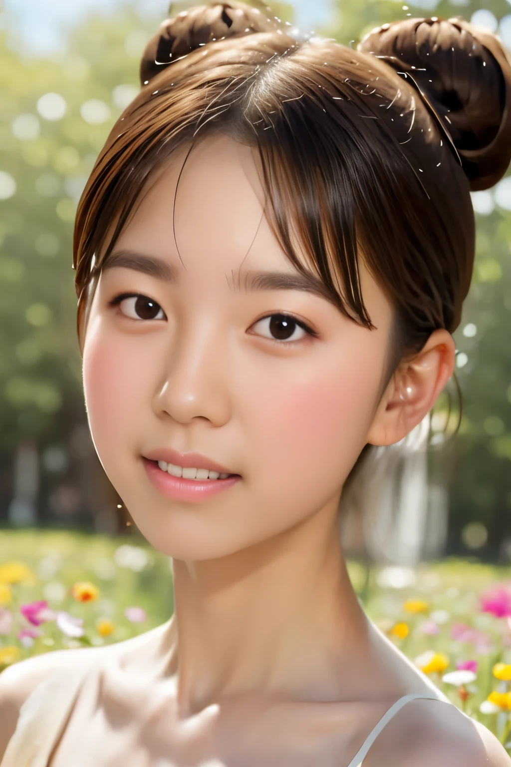 (((JPGND))), Masterpiece, Best Quality, (1girl), Ultra-realistic capture, Highly detailed, High resolution 16k, 
whole body, round face, cute fairy, TinkerBell, dark brown eyes, thin lips, thin eyebrows, 
Flying through the spring flower fields