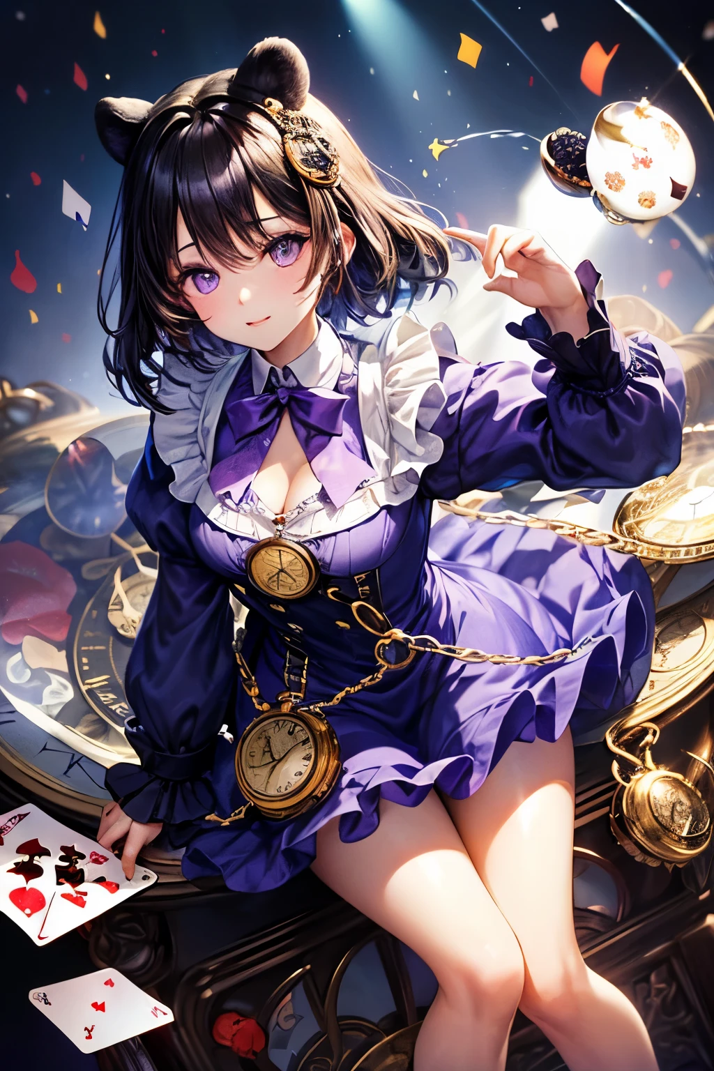 ((worst quality, low-quality)), ((Black Bear-eared Kenomi girl:1.3)), cleavage, ((Black hair berry berry short:1.2)), plump shiny lips, (Beautiful purple eyes:1.4), Spoken Heart, Leaning forward, (perfect hand:1.3), Confetti, (Fractal Art:1.0)、shinny skin、patterns、(alice in the wonderland:1.2)、(PlayingCards、tea cup、pocket watch:1.3)、(Tie your hair with a ribbon、Blue Dress、a miniskirt、beauty legs、White Apron、white sock)、Exotic wallpapers、highly colorful、Abstract background、Fantastical, ((Shining sunlight)), (light Particle, light glow, llight rays:1.4), masutepiece,Best Quality,ultra-detailliert,