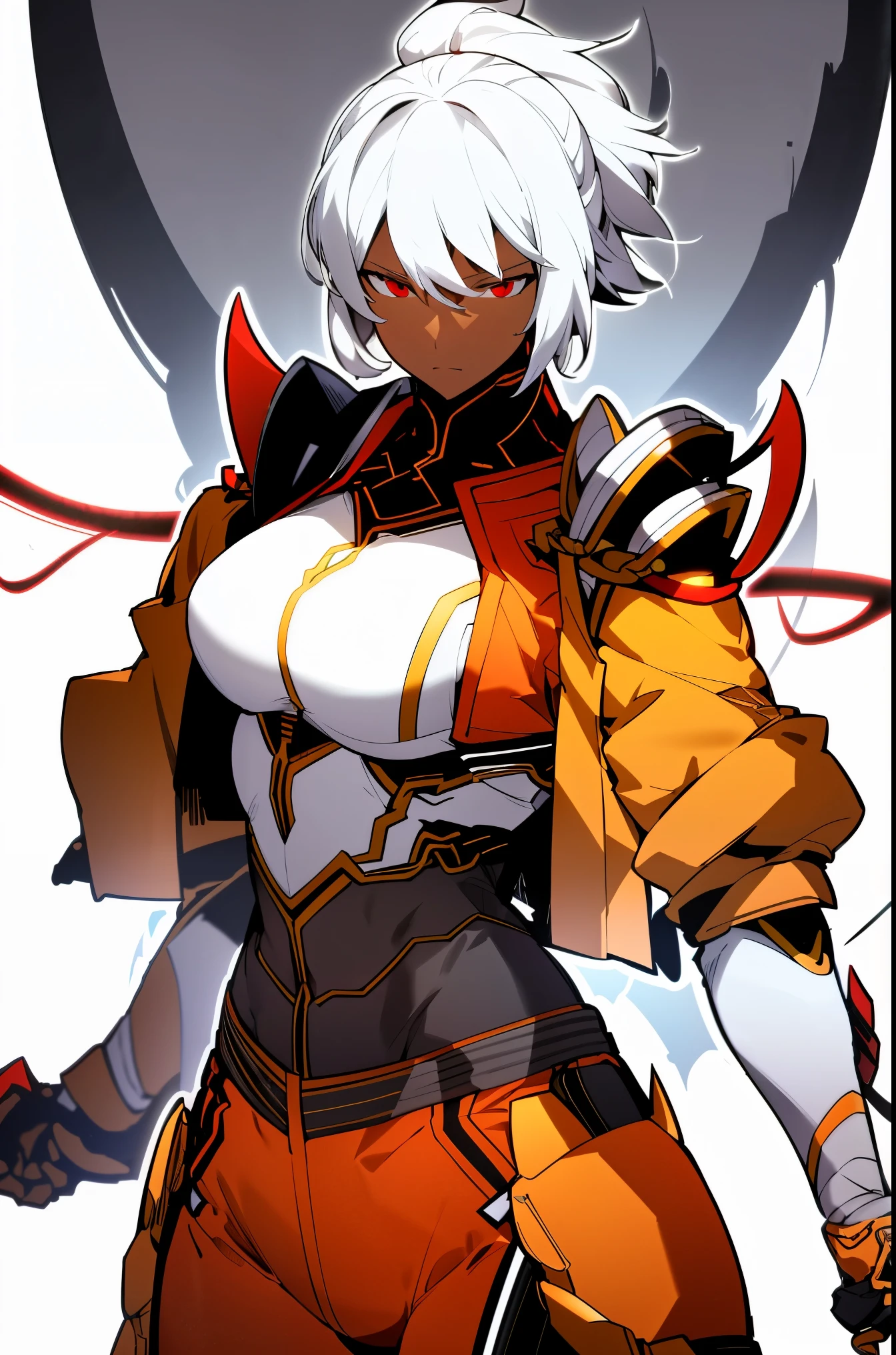 Midly Muscular darkskin woman in fantasy clothes, white short hair in a ponytail, red eyes, tight yellow jacket, yellow jacket, black cargo pant, intricate pencil sketch, expressive eyes and nose and mouth, un-zoom, highly detailed, dynamic pose, white background