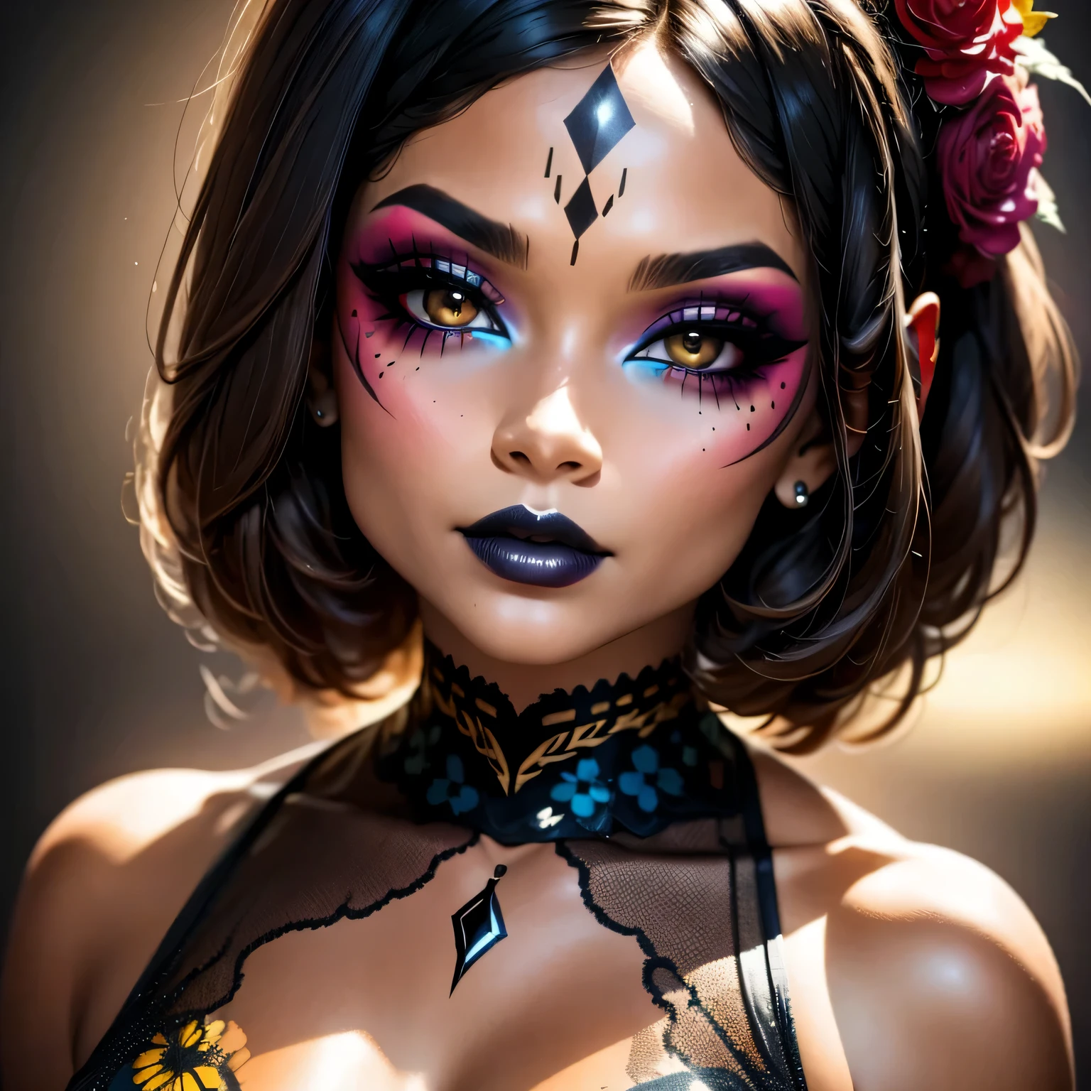 glitt3r 1girl woman black background intricate facepaint makeup closeup face