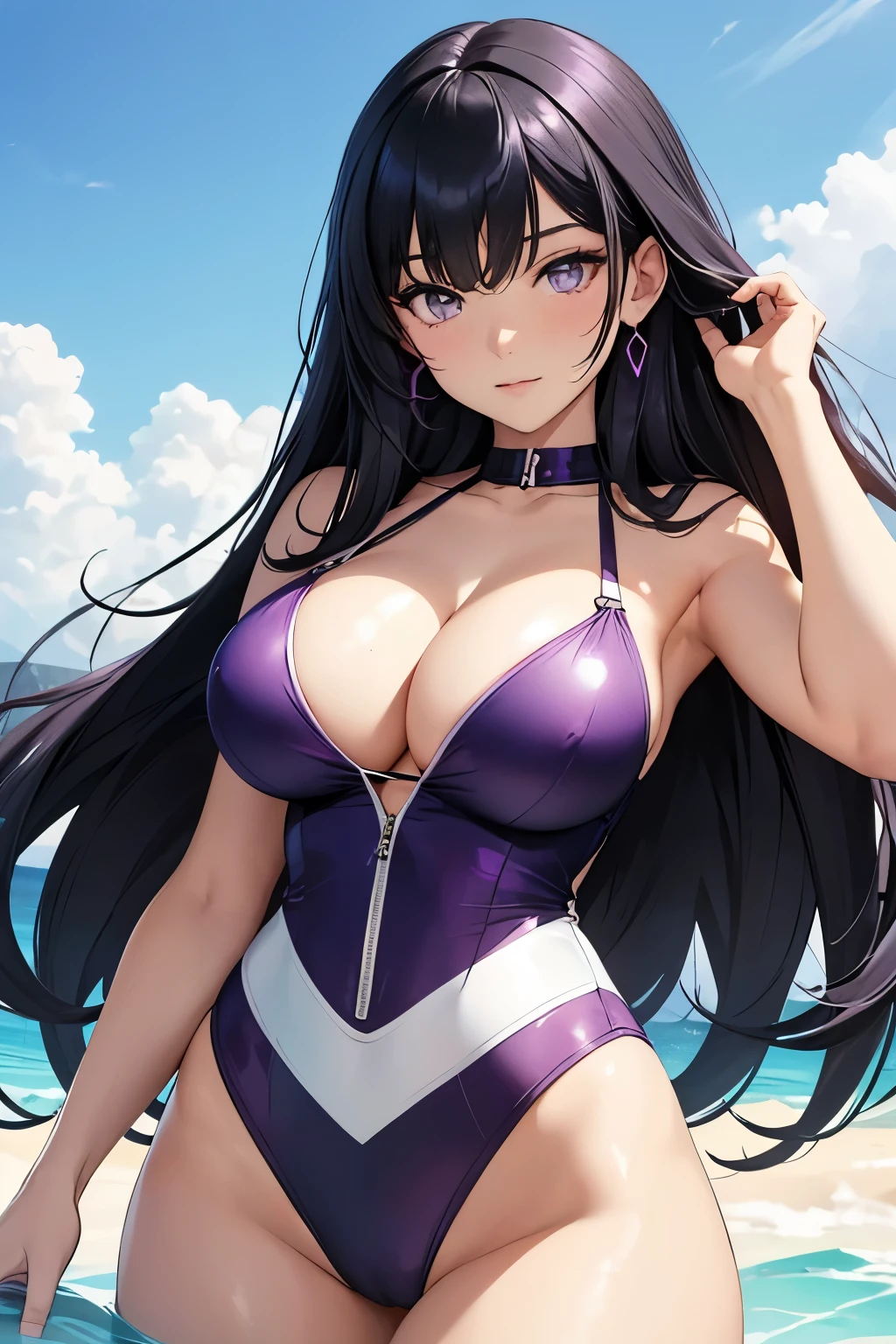 Beautiful girl, black hair, Blake, purple hair tips, Blake, white swimsuit, big breasts, cleavage, sexy,