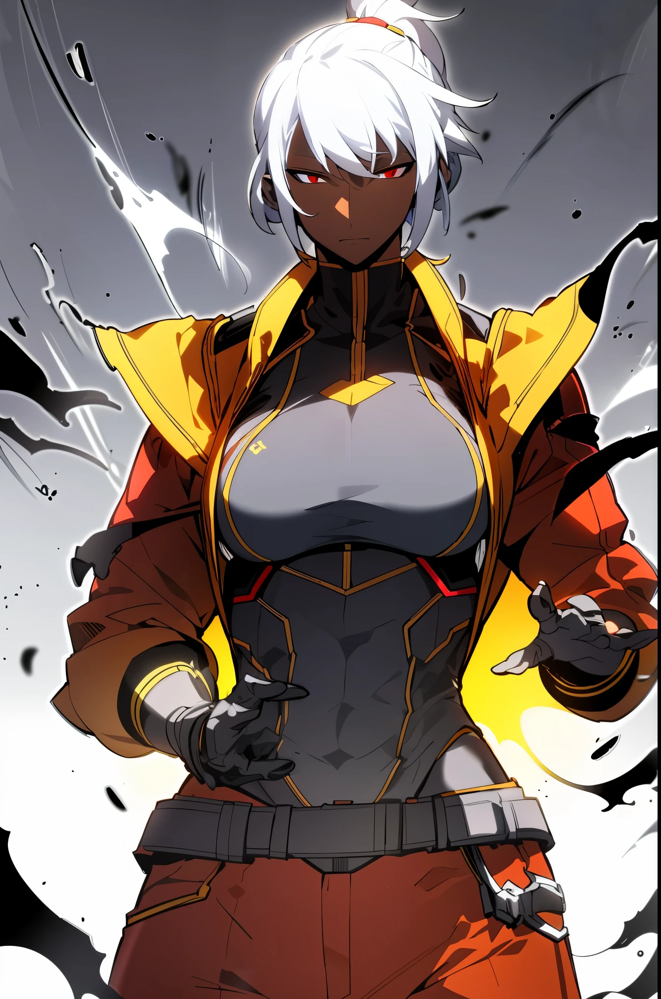 Midly Muscular darkskin woman in fantasy clothes, white short hair in a ponytail, red eyes, tight yellow jacket, yellow jacket, black cargo pant, intricate pencil sketch, expressive eyes and nose and mouth, un-zoom, highly detailed, dynamic pose, white background