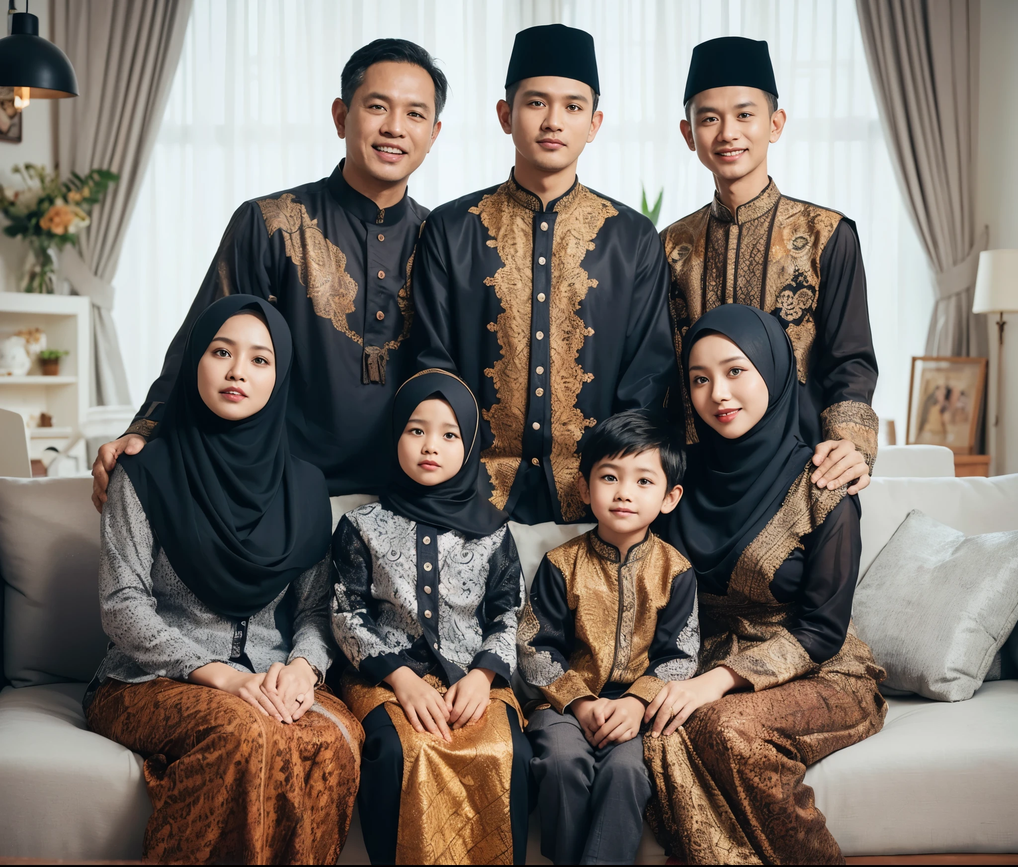 Indonesian family photo, three men aged 40 years, two women aged 40 years, one daughter aged 6 years and one son aged 3 years, they are compactly wearing new white and gray BATIK clothes, wearing hijabs, sitting on the sofa, background living room, realistic, best photography, ultra HD 8k 