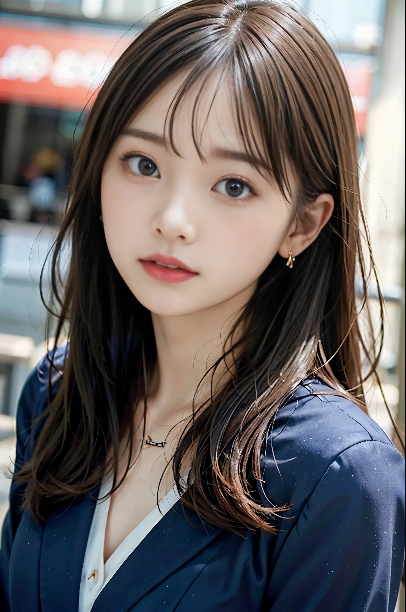 ((masterpiece,best quality 1.4)), (8k,RAW photo:1.2), (realistic,photo realistic:1.4), ultra high resolution , (Highly detailed 8k wallpaper) ,japanese idol, Japanese actress, Japanese, very cute, Big eyes, highly detailed eyes and face, Beautiful eyes in every detail,shiny skin,portrait,(medium hair and straight hair :1.3),earring ,professional lighting, sharp focus, Depth of written boundary , (dynamic angle:1.4 ). blur background, Bokeh, (office lady, suit :1.2 ) 