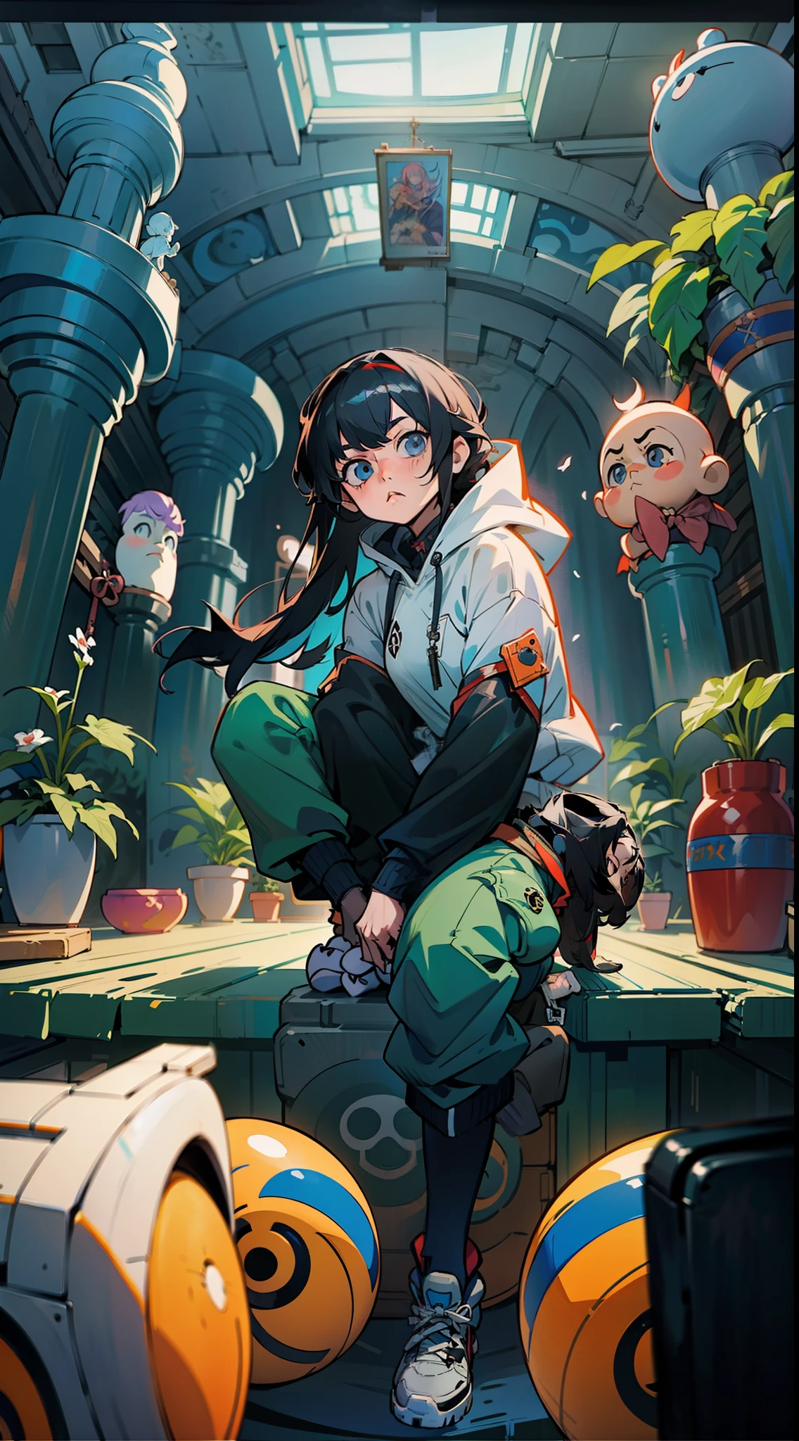 anime girl, black tied hair, white hoodie, black cargo pants, white sneakers, there are many plants in the room with statues and windows, art nouveau, official art, by yoshihiko wada, inspired by yoshihiko wada, guweiz, today's featured anime still, anime key visual concept, artwork in the style of guweiz, by yamagata hiro