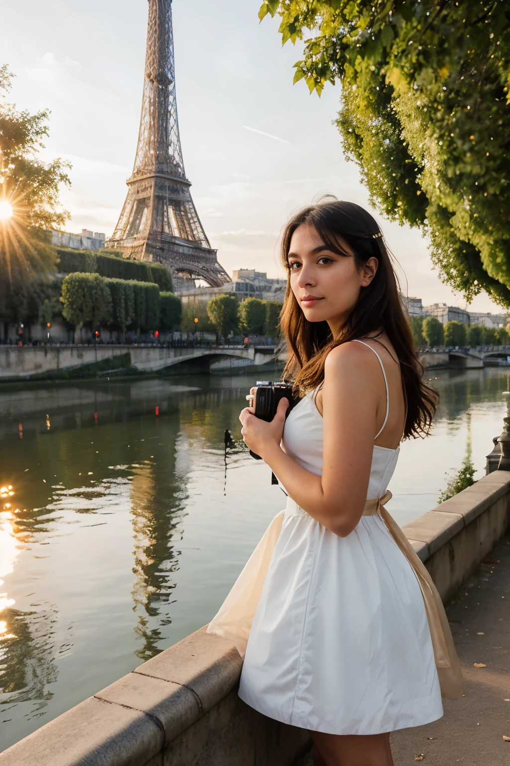 Female photographer, standing by the Seine River, capturing the moment as the sun sets, Eiffel Tower in the frame bathed in soft golden light, lights illuminating its intricate structure, reflections dancing on the water, realistically rendered image, 8k super high definition, detailed and lifelike depiction, Parisian skyline in the background, swaying trees casting dappled shadows, photographer's expression intently focused, camera pointed towards the iconic landmark, magical and romantic scene unfolding.