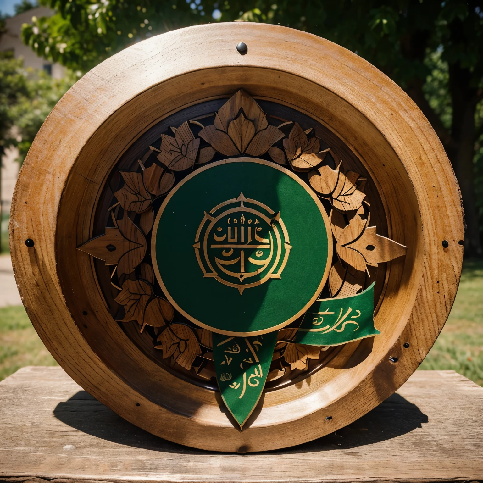 The central focus is a detailed wooden emblem or trophy. An open book with visible text is at the center of the emblem, possibly symbolizing the Quran. The book is encased within a circular frame adorned with intricate leafy designs. Below the book, there’s a banner that reads “Online”. The base of the emblem has text reading “QURAN AcadeMY”. The entire piece appears to be made of wood and is placed on a surface with a blurred green background suggesting an outdoor setting.