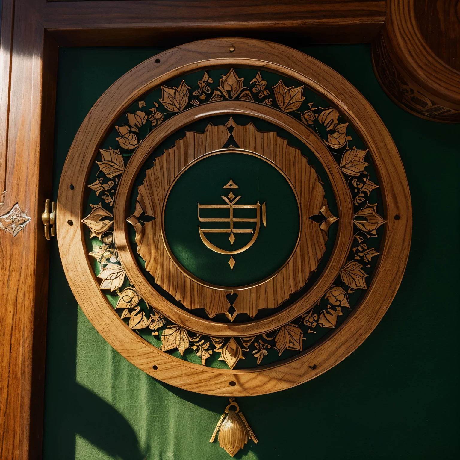 The central focus is a detailed wooden emblem or trophy. An open book with visible text is at the center of the emblem, possibly symbolizing the Quran. The book is encased within a circular frame adorned with intricate leafy designs. Below the book, there’s a banner that reads “Online”. The base of the emblem has text reading “QURAN AcadeMY”. The entire piece appears to be made of wood and is placed on a surface with a blurred green background suggesting an outdoor setting.