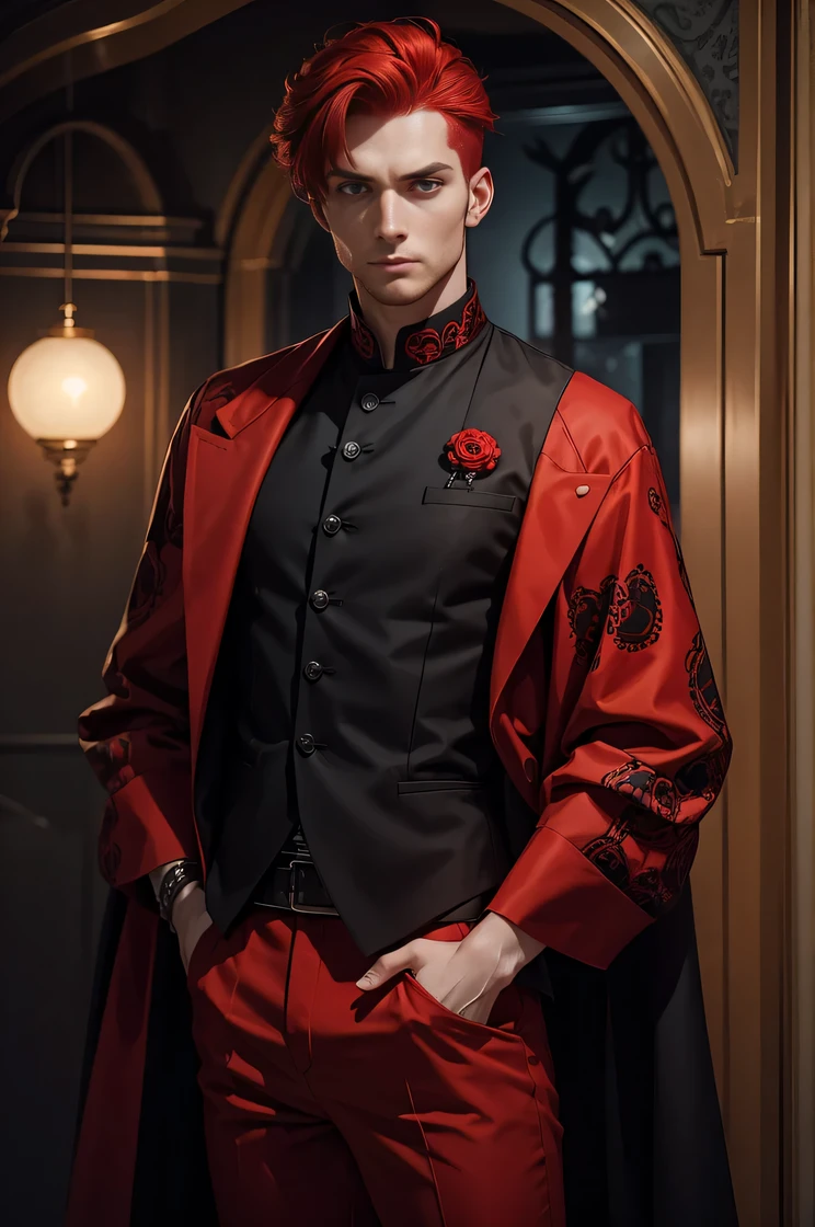 man with red hair , wearing red and black overalla outfit , with moons and skull pattern