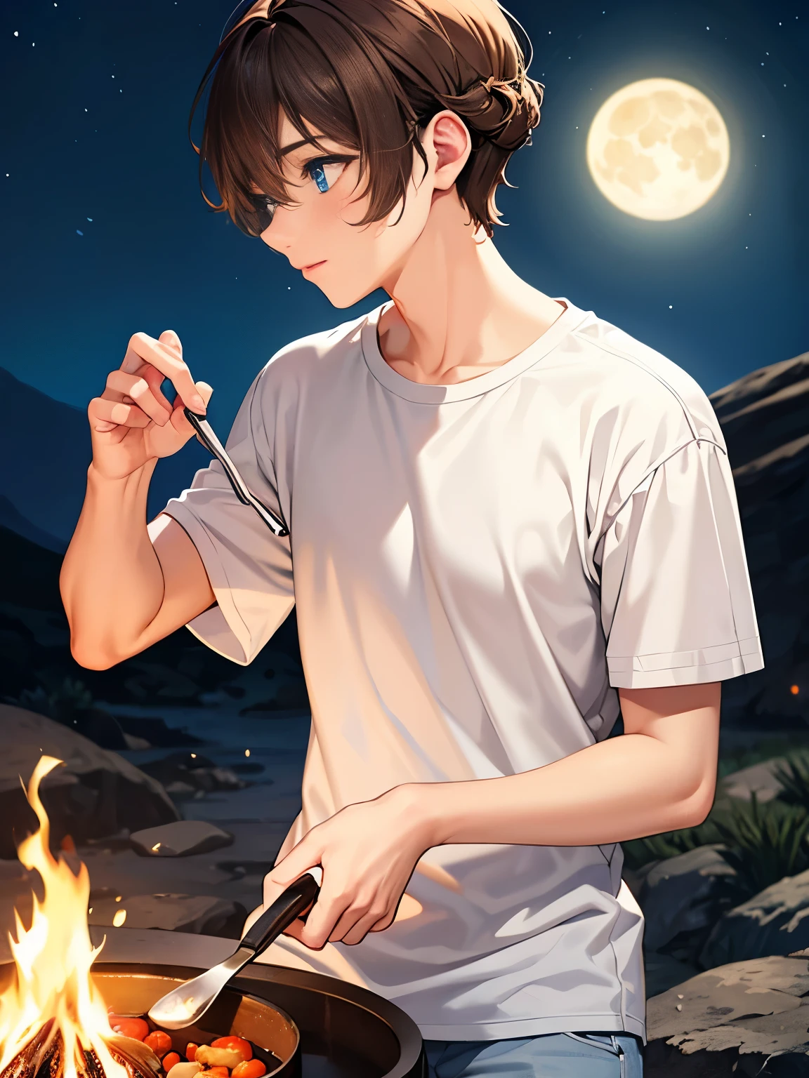 1boy,guy,Cooking boiled vegetables on the campfire, looking away, at night, on the mountain,blue eyes,close up photo,18 years old,Curly hair,medium hair,undercut hairstyle,light brown hair,Plain t-shirt, white t-shirt,white trousers,at Night, beautiful moon,ultra detail,masterpiece