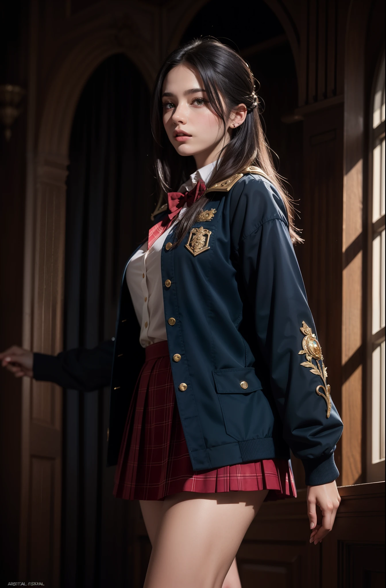 ((photorealism, high quality, detail, masterpiece, best quality:1.2)), (more than half of the body) A young girl from a fictional European medieval aristocracy, a student of the Academy of Magic, looks at us with seductive eyes... (she stands half-turned, holding her skirt with her hands), she is dressed in a student uniform, (dark blue) short jacket made of fabric (velvet) ((gold trim, patch on the sleeve)), (red) plaid (long) pleated skirt, (black) thick hair, side braid, green eyes. Magical atmosphere, Magic Academy, fantasy art, this work is done in very realistic colors.She is characterized by artistic expressiveness.