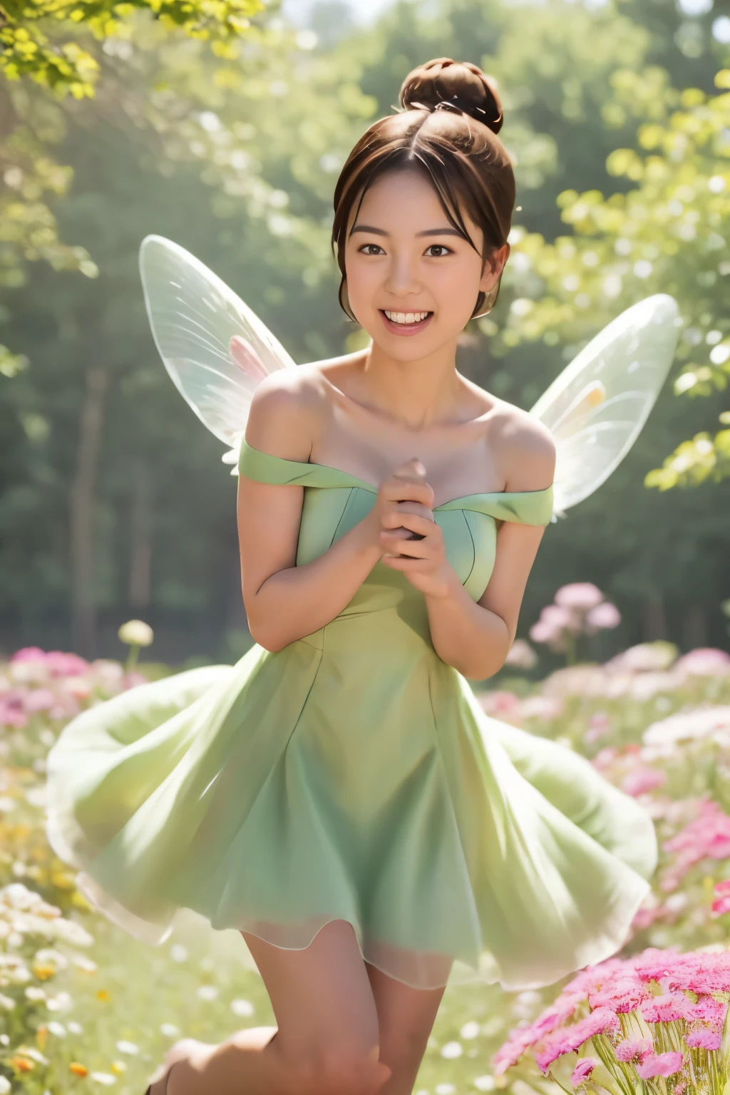 (((JPGND))), Masterpiece, Best Quality, (1girl), Ultra-realistic capture, Highly detailed, High resolution 16k, ((whole body)), round face, cute fairy, TinkerBell, dark brown eyes, thin lips, thin eyebrows, Flying through the spring flower fields, wearing green dress strapless, fly high, funny, happy