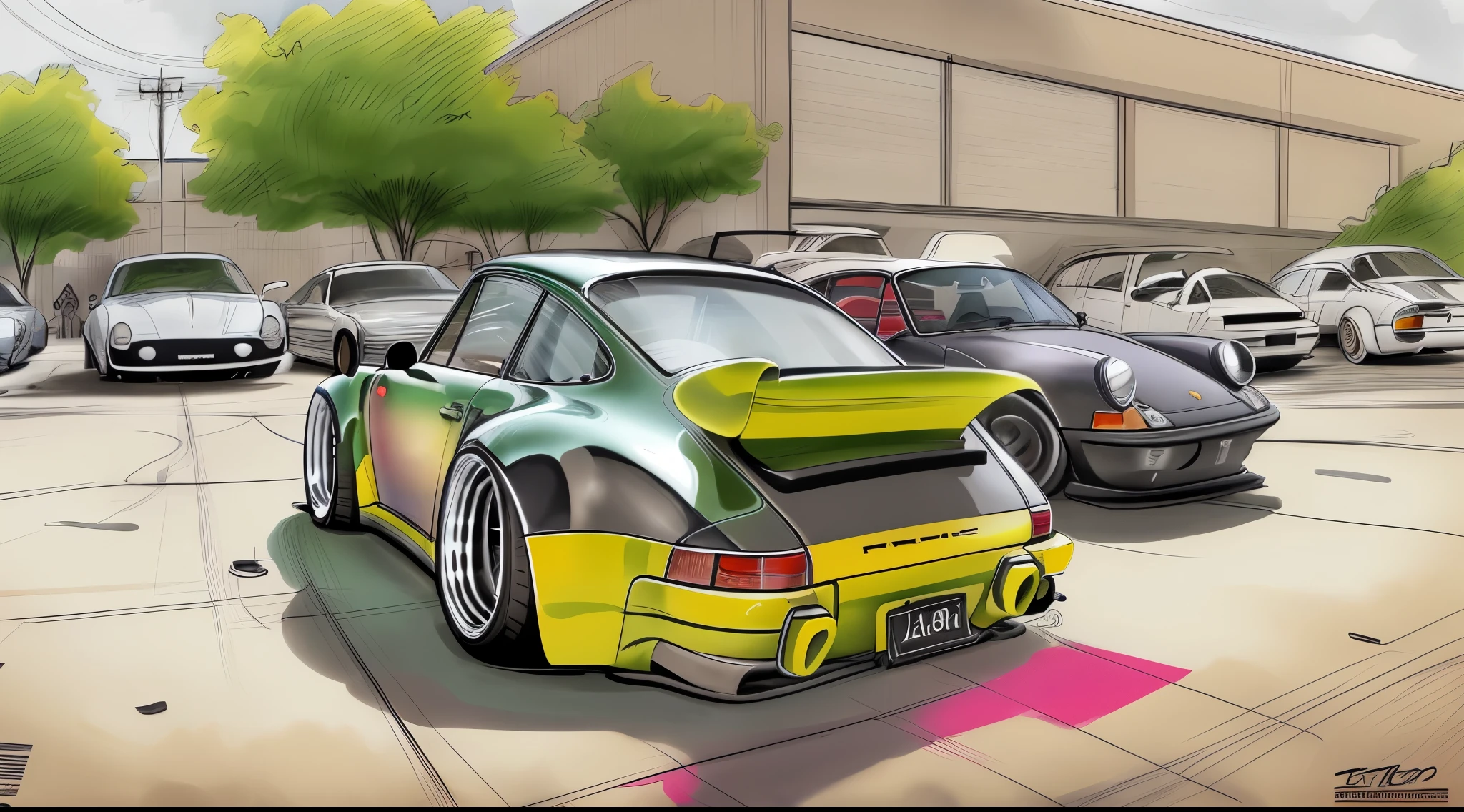 Porsche 911 rwb, wide body, sketch,
cartoonish, comic strip, Chip Foose car rendering, chrome wheels, bagged, slammed to the ground, empty parkinglot, style dessin manga, couleur