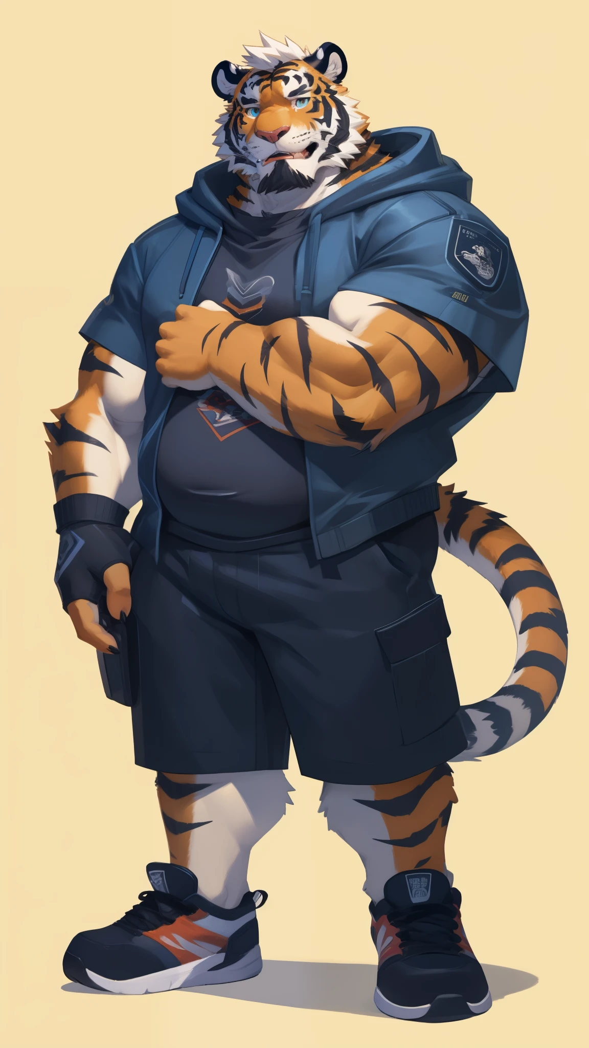 a furry tiger, orange fur, white hair, muscular build, chubby, (((short sleeves blue hoodie, black protective suit, gray shorts cargo, sport shoes))), ((orange tiger)), furry art, full body, simple background, mature, tall, beard, daddy, muscular, round face, rpg concept art, a cartoon tiger in a hoodie and shorts standing with his arms crossed, anthropomorphic tiger, full body character portrait, furry character, full body portrait of a short!, full-body character portrait, character full body portrait, detailed full body concept art, furry character portrait, anthro concept art, detailed full body concept, full body cgsociety, anthro art