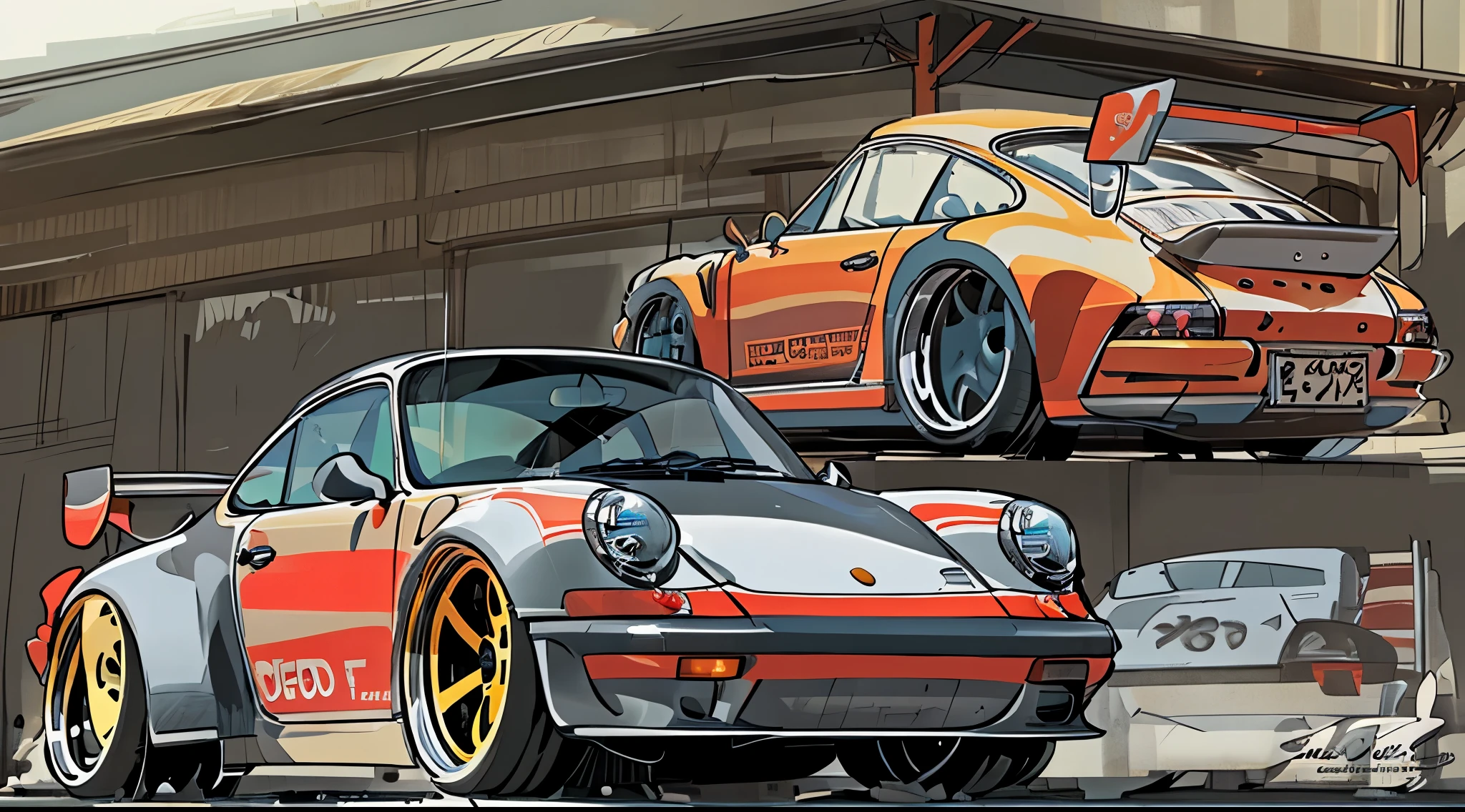 Porsche 911 rwb, wide body, sketch,
cartoonish, comic strip, Chip Foose car rendering, chrome wheels, bagged, slammed to the ground, empty parkinglot, style dessin manga, couleur