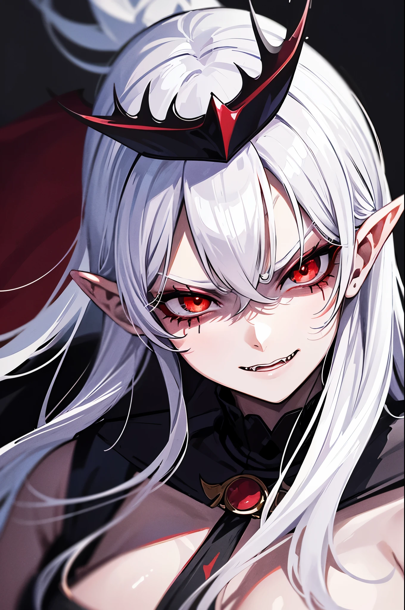 1boy, male focus, kuzuha \(nijisanji\), red eyes, virtual youtuber, solo, red nails, jewelry, fangs, fingernails, open mouth, ring, smile, looking at viewer, white hair, long hair, vampire, upper body, sharp fingernails, long fingernails, nail polish, mole, mole under eye, fur trim, ct-style, beautiful eyes