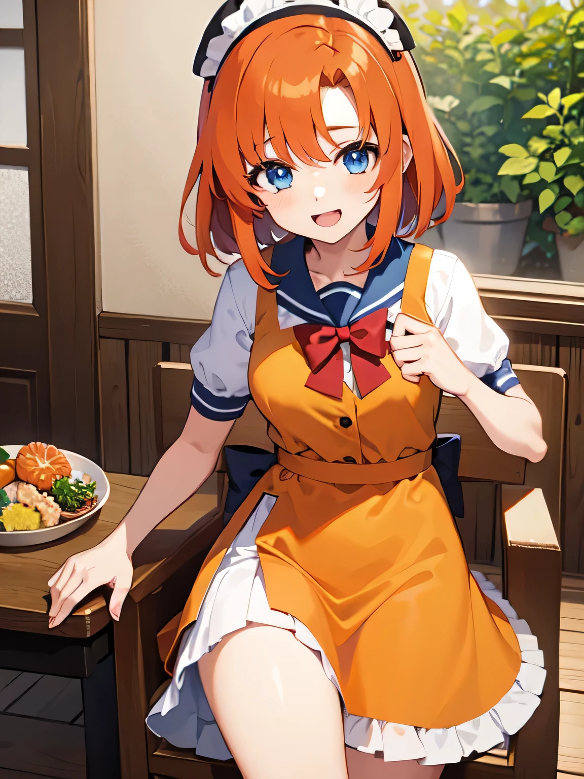 1 girl, Rûuguu horseradish, orange medium hair, Blue eyes, maid outfit