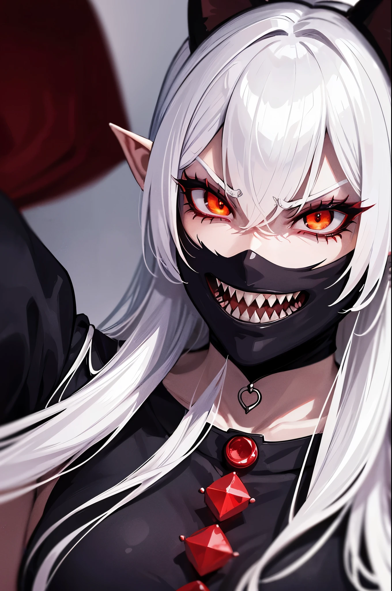 A creature taken from children's nightmares. cuerpo femenino, shark teeth, Multiple extraviscous limbs, halo brillante en su cabeza, ojos rojos. You're in a school classroom with a threatening attitude.