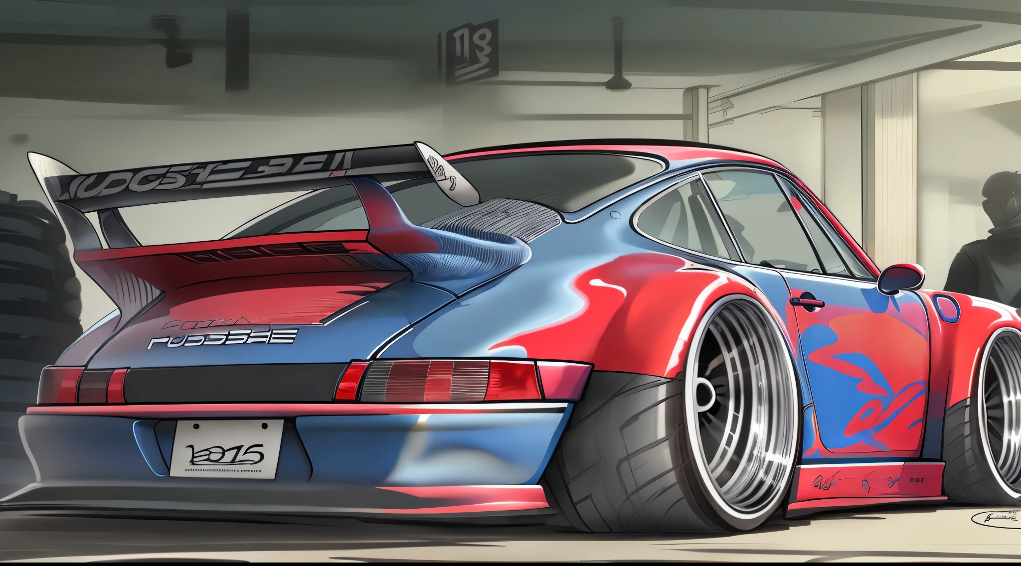 Porsche 911 rwb, wide body, sketch,
cartoonish, comic strip, Chip Foose car rendering, chrome wheels, bagged, slammed to the ground, empty parkinglot, style dessin manga, couleur