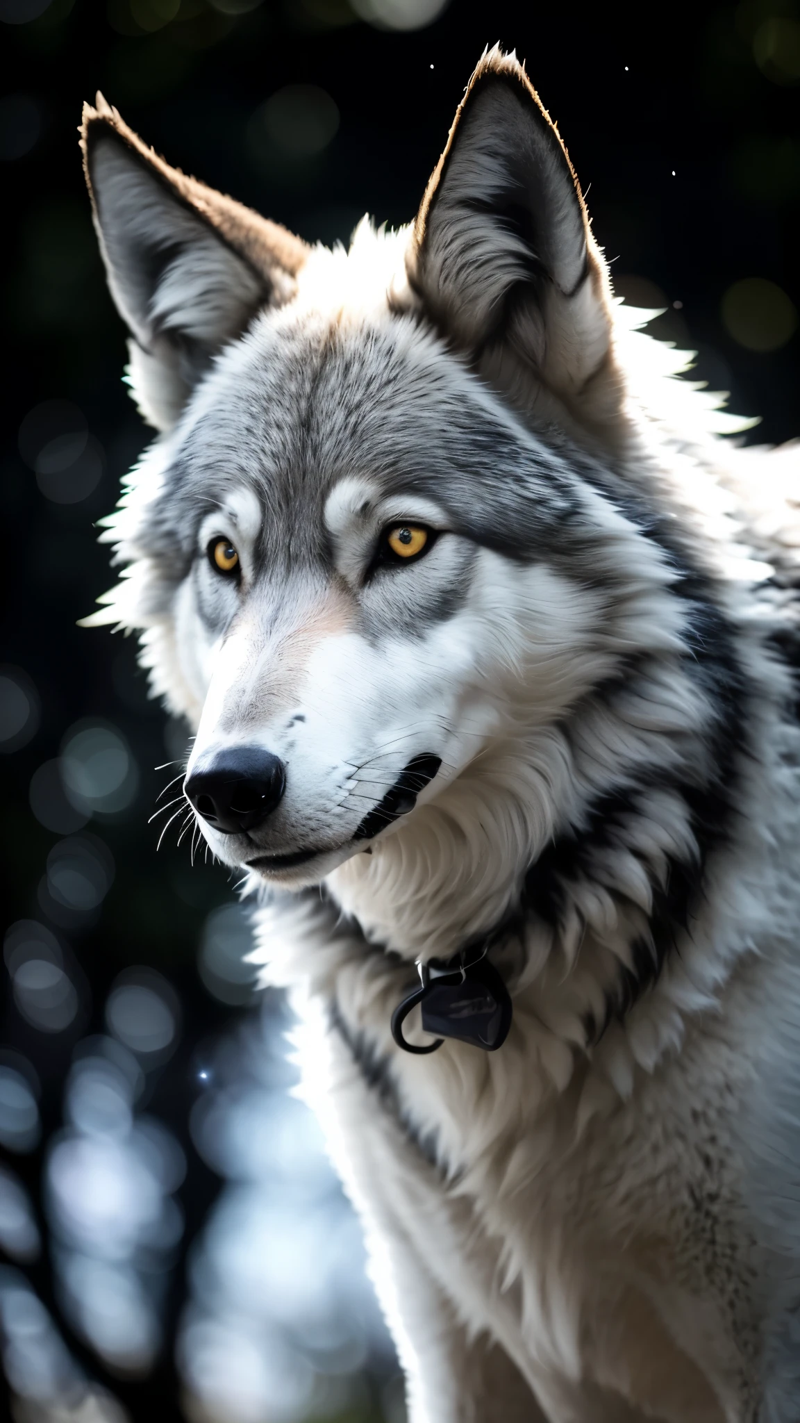 wolf lobo(Obra-prima detalhada de alta qualidade de imagem) "Cor preta com olhos azuis" lobo floresta perigosa, meia-noite, lua cheia. 1 lobe only. ( Front angle of the image)