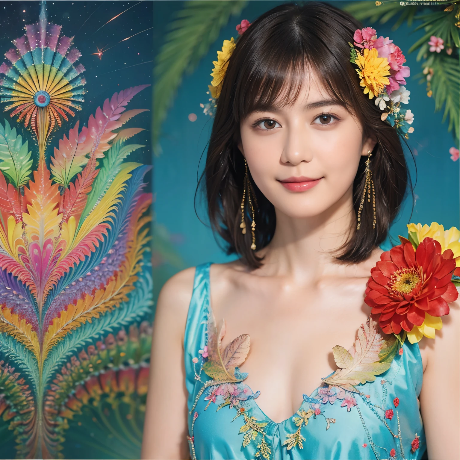 173
Shorthair, a 20 yo woman, gentle smile, colorful flowers, feather, (fractal art:1.46)
