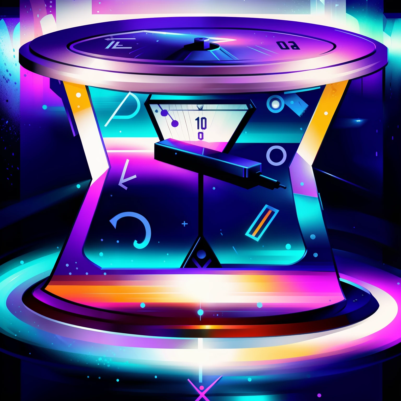 There's a clock that's sitting on a table, preso dentro de uma ampulheta, perpetual motion machine, gyroscope, fantasy game spell symbol, colorful illustration, an instrument, dispositivo de deslocamento de tempo, um holograma, illusion of bent time, artefato jpeg, concept illustration, heavy artefato jpeg, por Alexander Fedosav, por Robert Richenburg