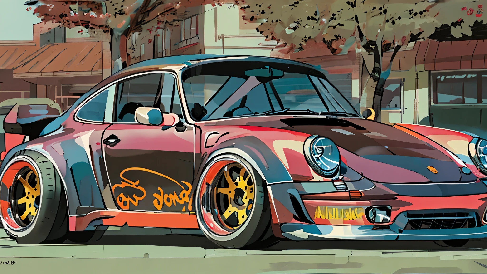 
Porsche 911 rwb, wide body, sketch, 
cartoonish, comic strip, Chip Foose car rendering, chrome wheels, bagged, slammed to the ground, empty parkinglot, style dessin manga, couleur