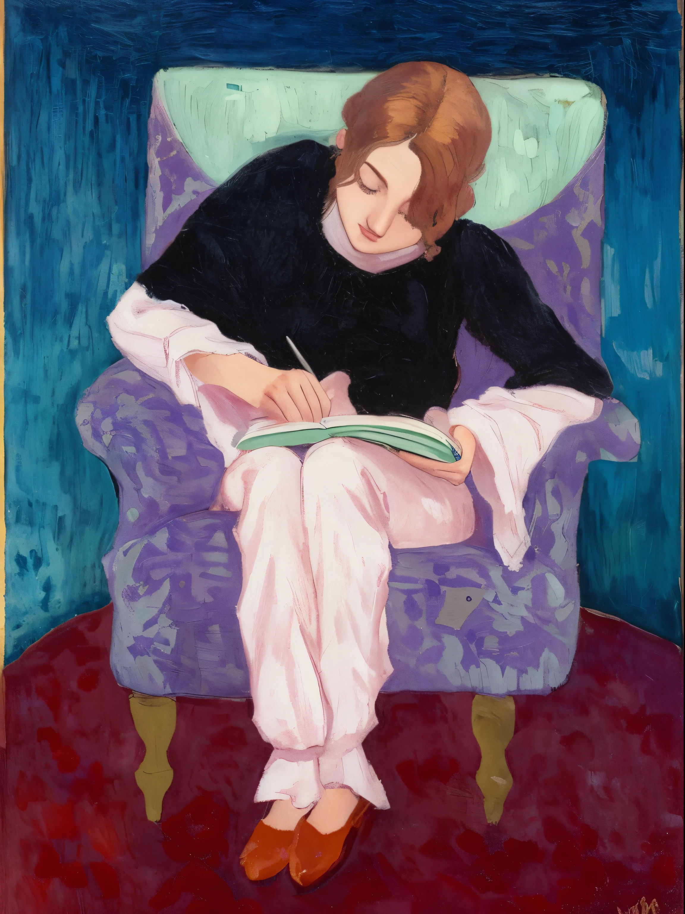 painting of a woman sitting in a chair reading a book, by Noémi Ferenczy, by Will Barnet, inspired by Augustus John, by Augustus John, inspired by Will Barnet, by Felice Casorati, by Robert Bevan, by Yukimasa Ida, inspired by Noémi Ferenczy, by Maurice Denis, by Jean Hey