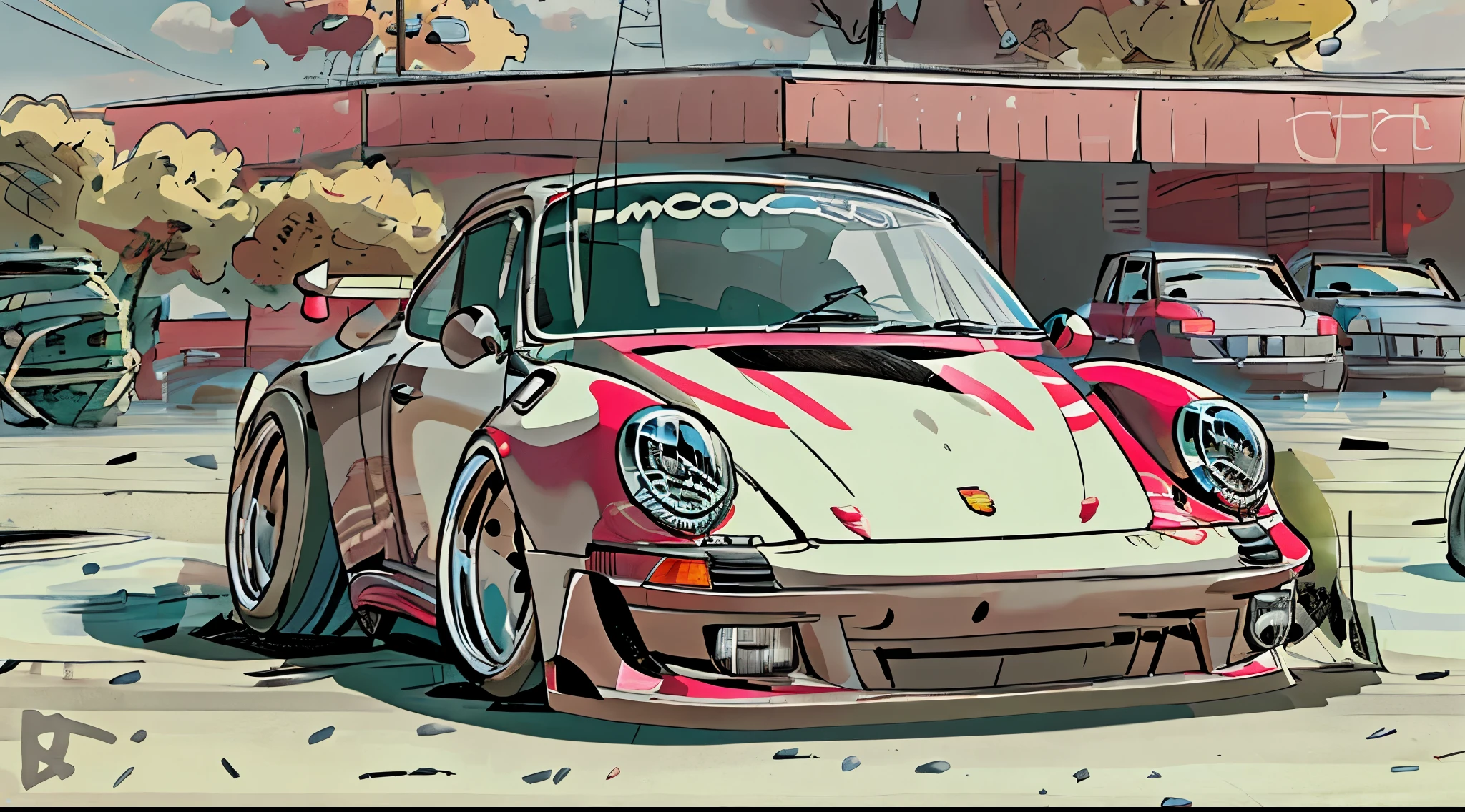 
Porsche 911 rwb, wide body, sketch, 
cartoonish, comic strip, Chip Foose car rendering, chrome wheels, bagged, slammed to the ground, empty parkinglot, style dessin manga, couleur