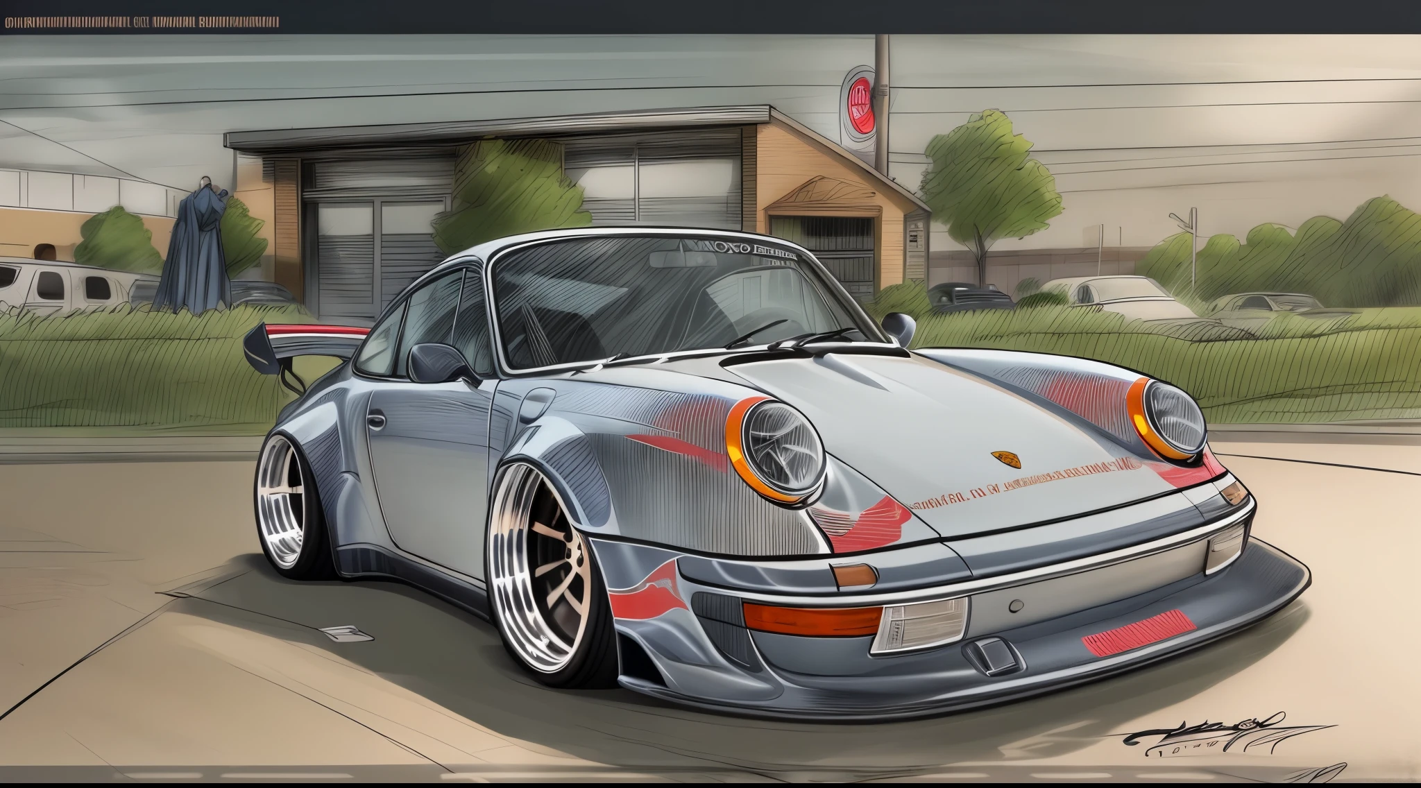 
Porsche 911 rwb, wide body, sketch, 
cartoonish, comic strip, Chip Foose car rendering, chrome wheels, bagged, slammed to the ground, empty parkinglot, style dessin manga, couleur