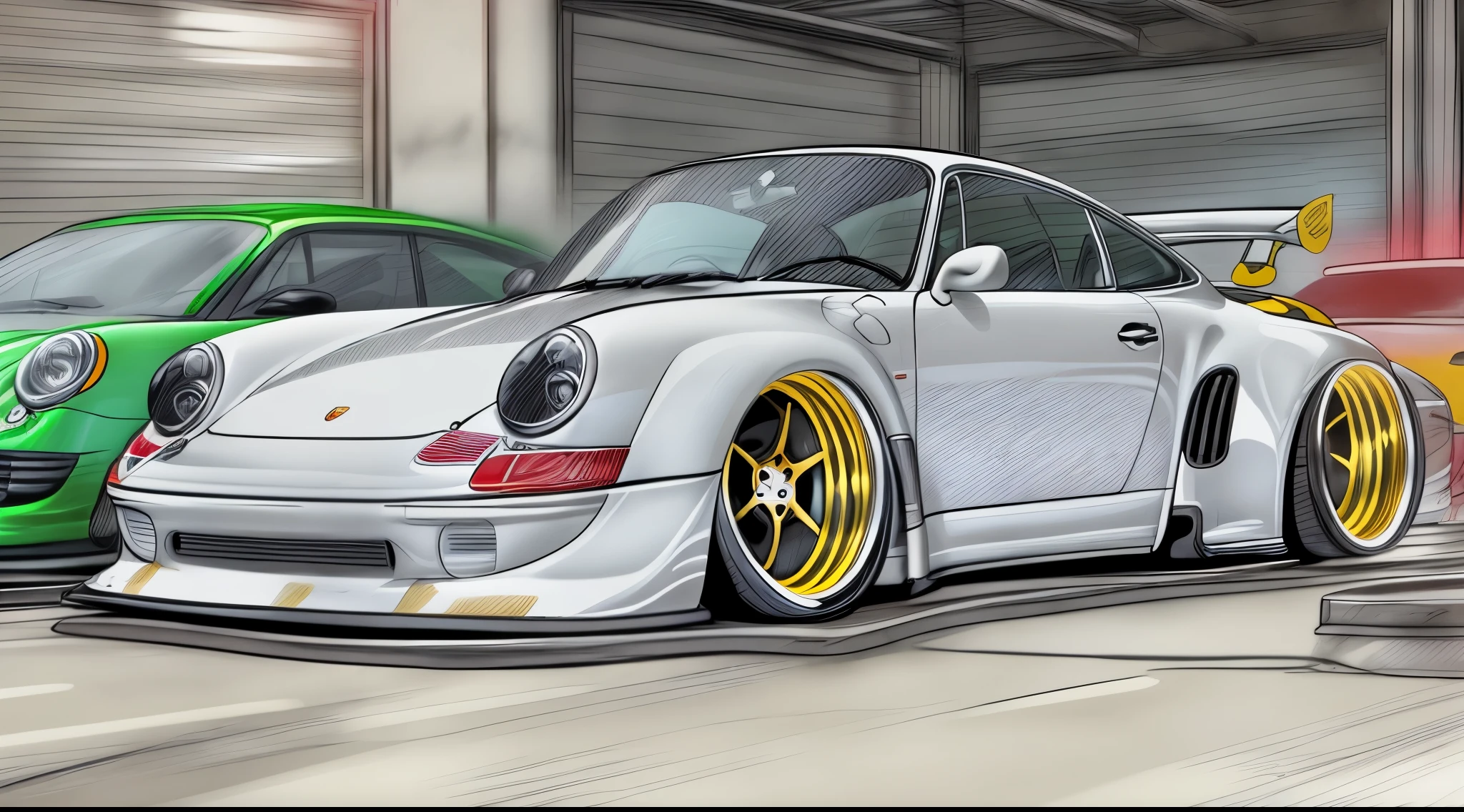 
Porsche 911 rwb, wide body, sketch, 
cartoonish, comic strip, Chip Foose car rendering, chrome wheels, bagged, slammed to the ground, empty parkinglot, style dessin manga, couleur