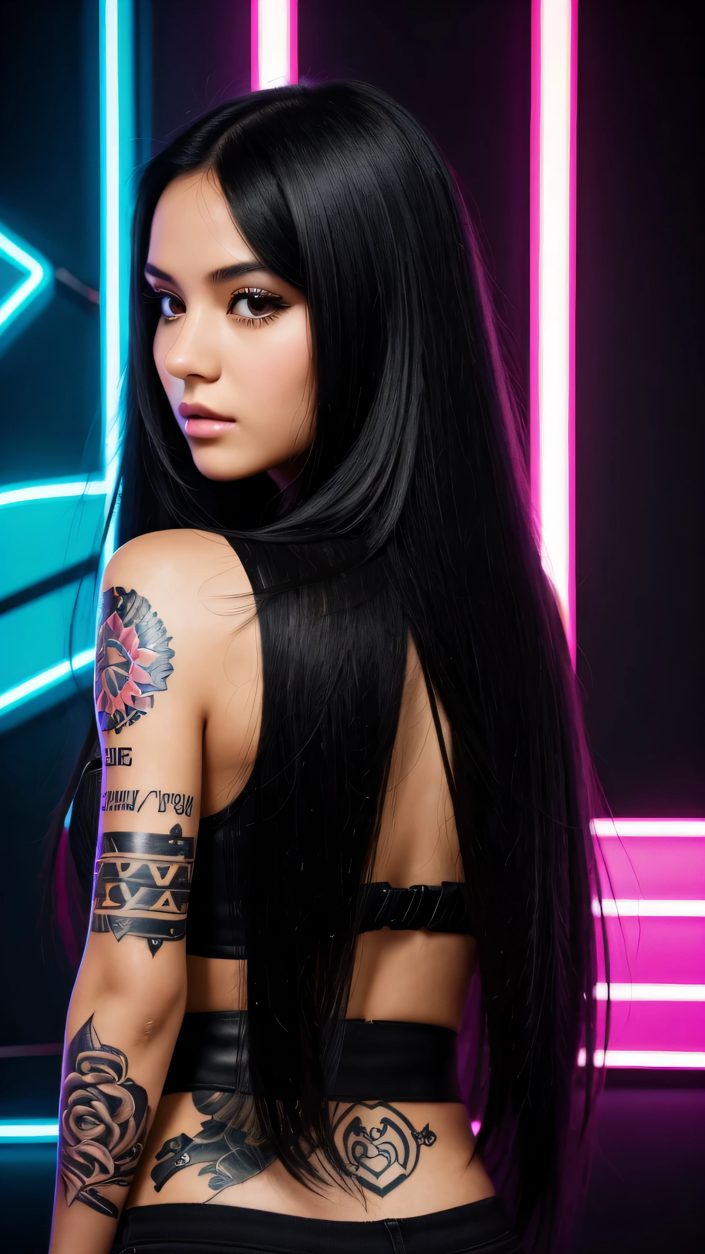 A beautiful girl has a close-up face with a fashionable hairstyle and long black hair..,with a MUSICAL SIGN tattoo,music equalizer,behind the girl's back is a neon spector of music equalizer, high quality, excessive detail, saturation, contrast,