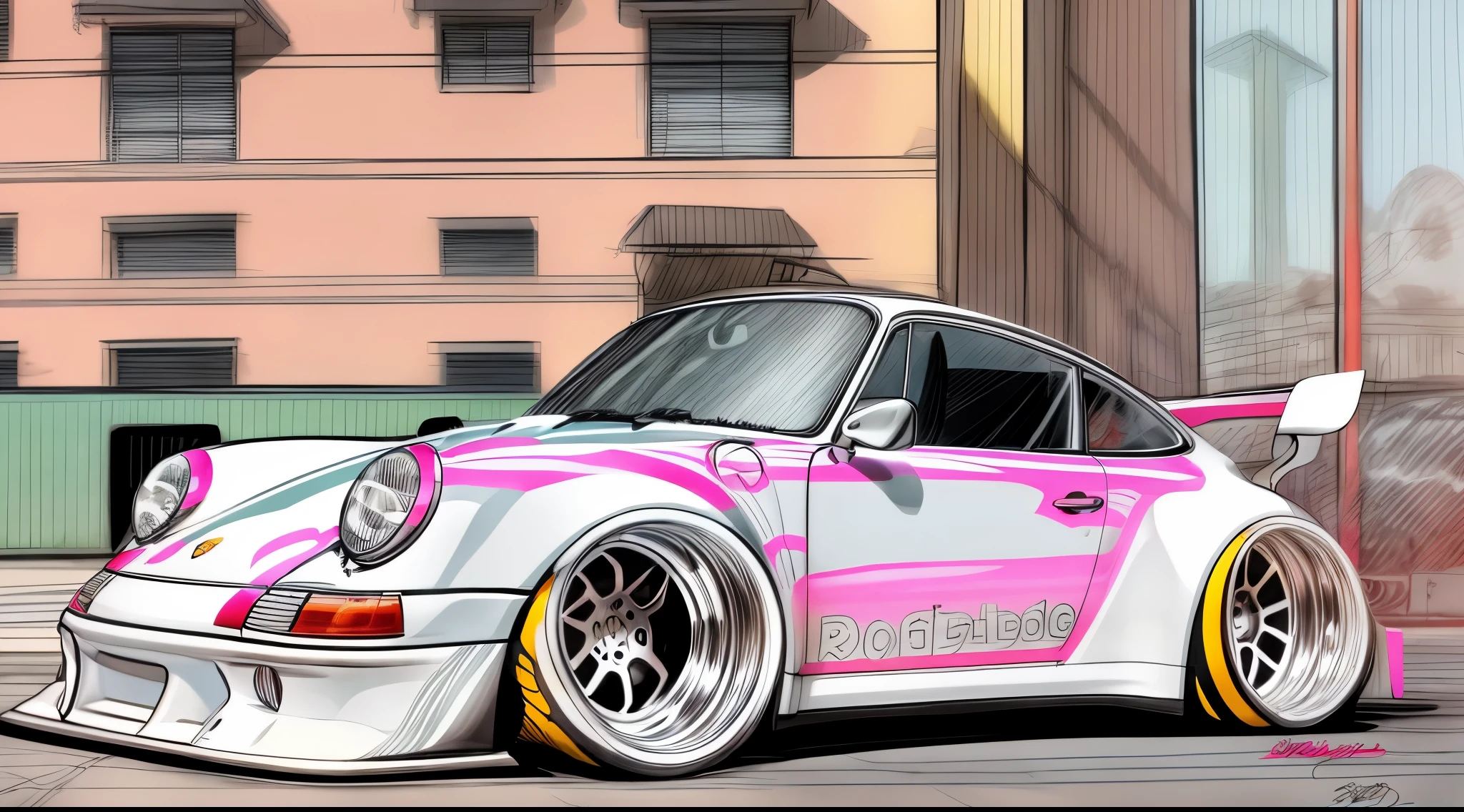 
Porsche 911 rwb, wide body, sketch, 
cartoonish, comic strip, Chip Foose car rendering, chrome wheels, bagged, slammed to the ground, empty parkinglot, style dessin manga, couleur