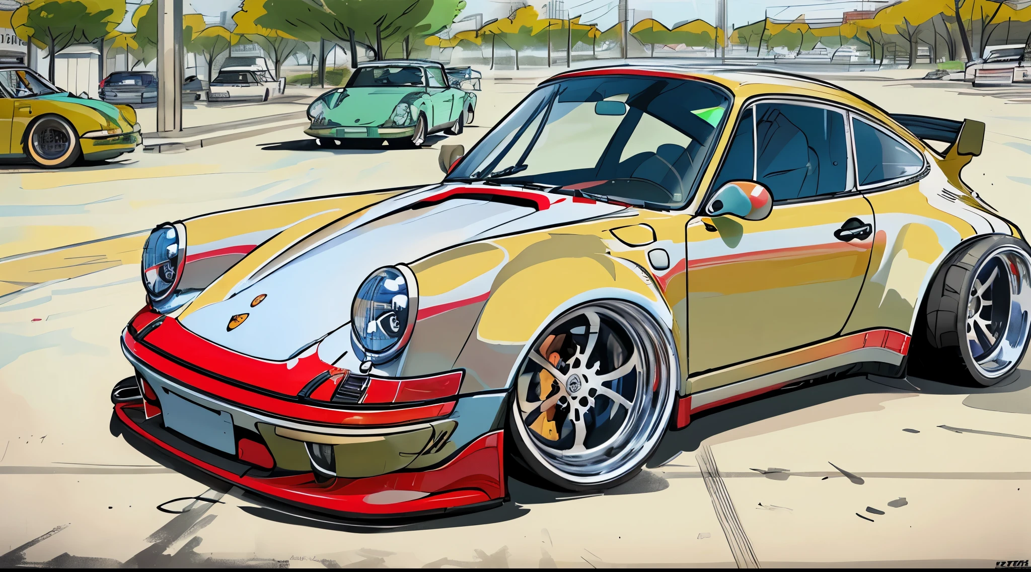 Porsche 911 rwb, wide body, sketch,
cartoonish, comic strip, Chip Foose car rendering, chrome wheels, bagged, slammed to the ground, empty parkinglot, style dessin manga, couleur