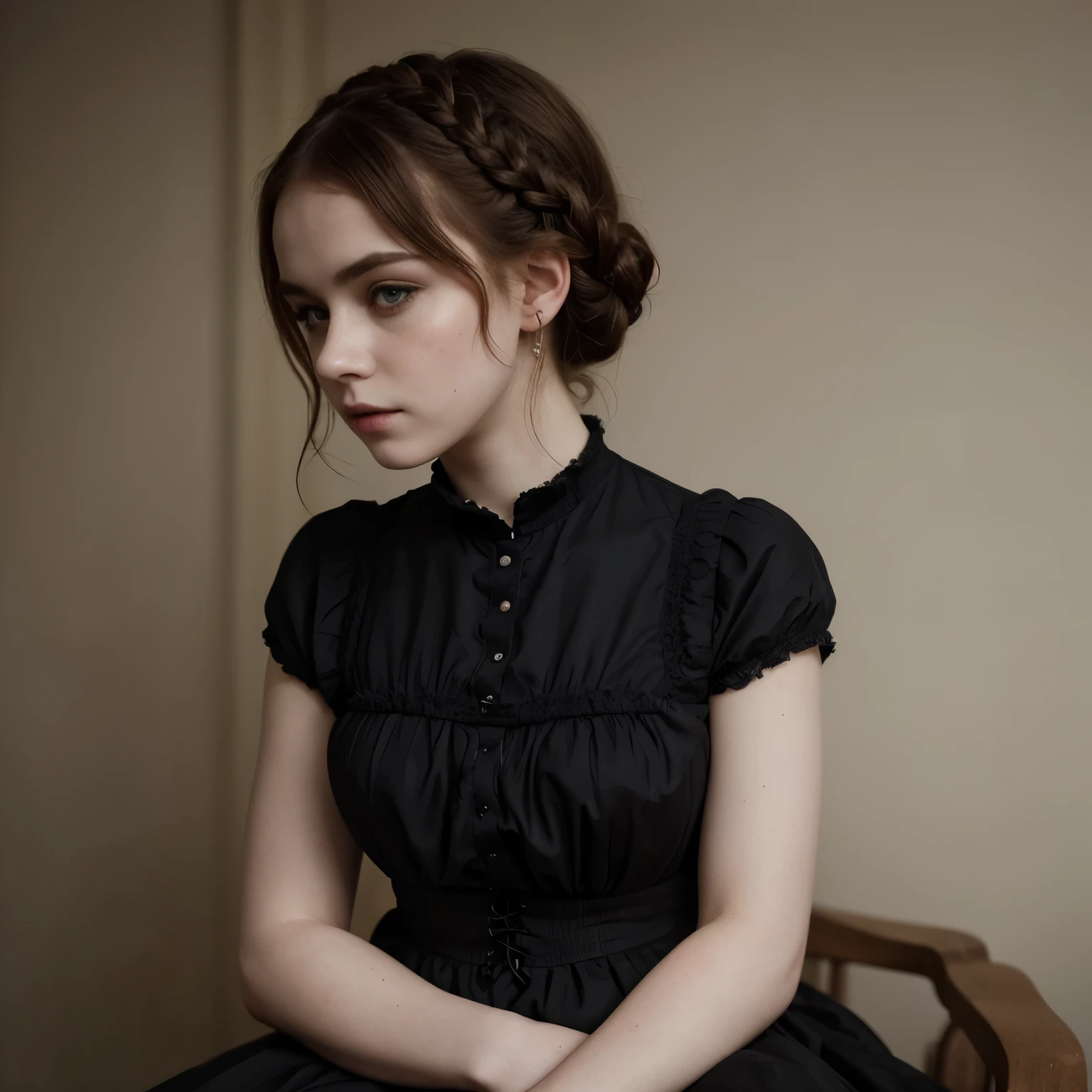 Sophia Lillis, plump body, goth makeup, pale skin, braided hair, Victorian era dress, posing for a portrait