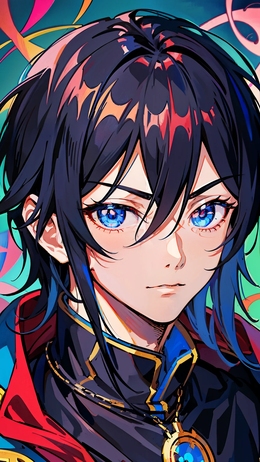 anime, a man with black hair and blue eyes wearing a red cape, tall anime guy with blue eyes, key anime art, detailed key anime art, black - haired mage, shigenori soejima illustration, detailed anime character art, anime portrait of a handsome man, male anime character, anime moe artstyle, handsome guy in demon slayer art, young anime man