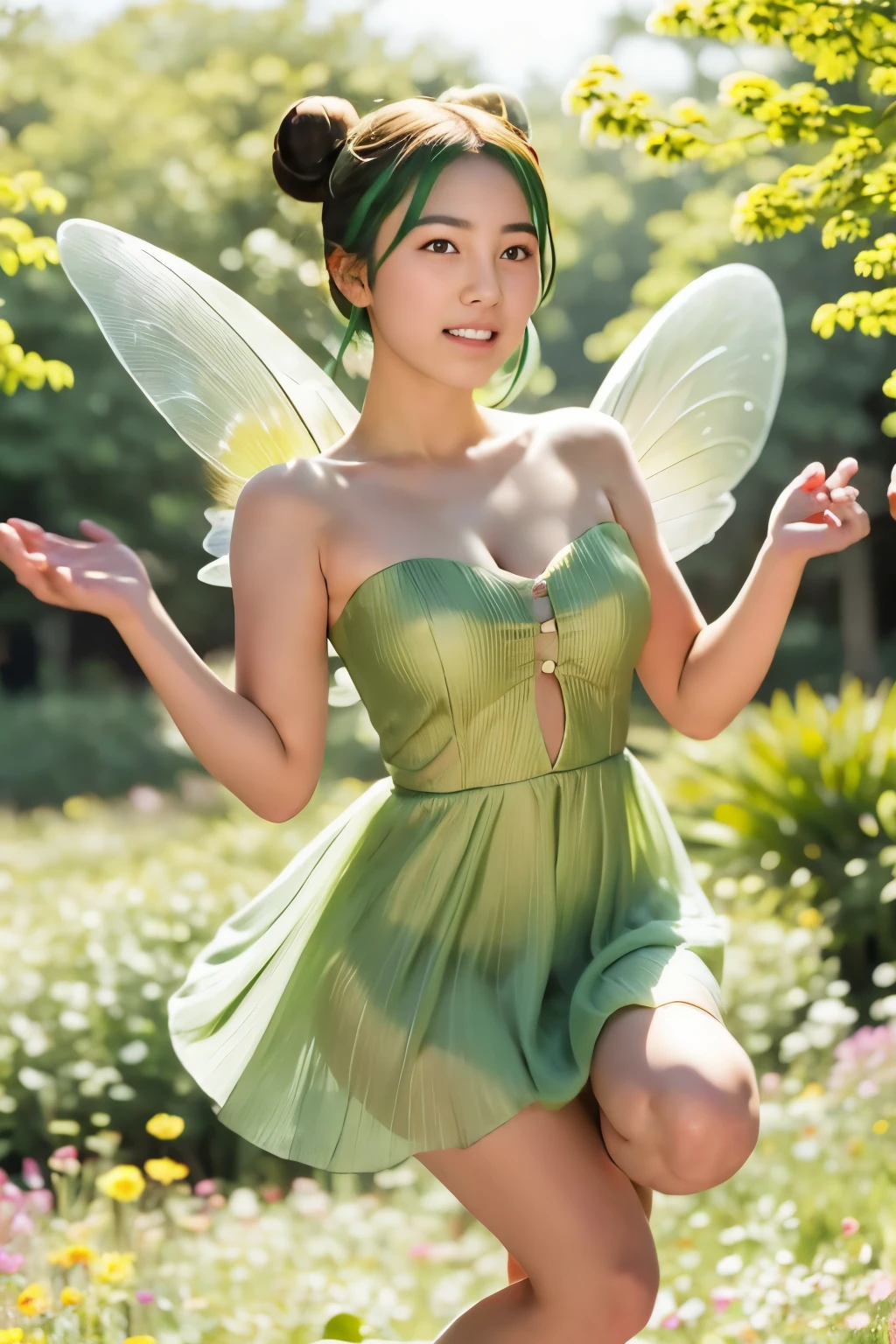 (((JPGND))), Masterpiece, Best Quality, (1girl), Ultra-realistic capture, Highly detailed, High resolution 16k, ((whole body)), round face, cute fairy, TinkerBell, (((green hair))), (((green eyes))), thin lips, thin eyebrows, Flying through the spring flower fields, wearing green dress strapless, twin bun,