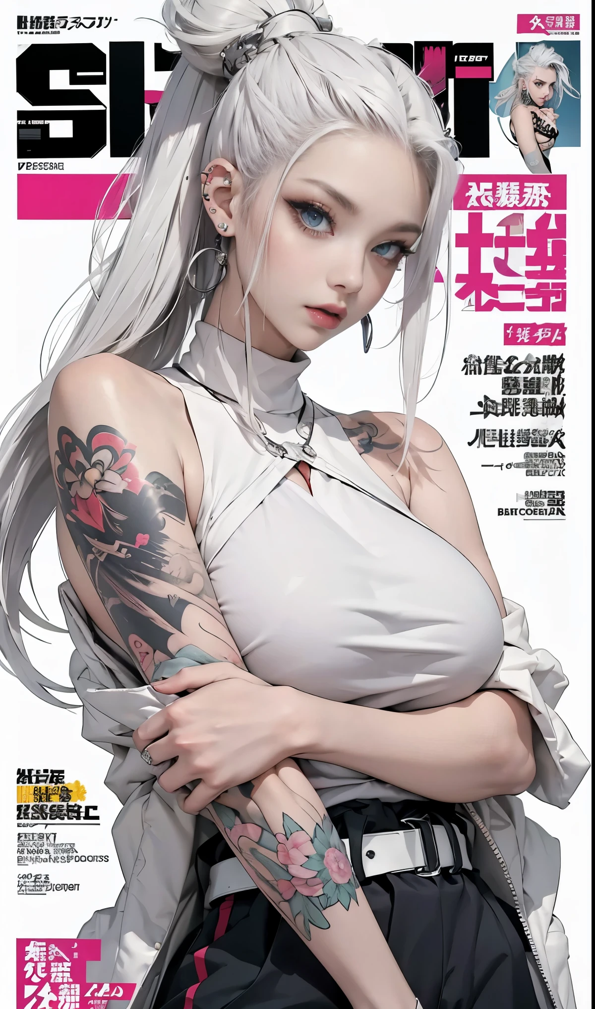 Best quality, Works of masters, A high resolution, 1girl, Super beautiful face, super beautiful eye, Super beautiful platinum white mohawk hair，(MagazineCover:1.2)，Trendy Harajuku-inspired rock outfits，Expose shoulders, tons of tattoos and piercings, accentuated super huge enormously gigantic nude tits and nipples exposed 