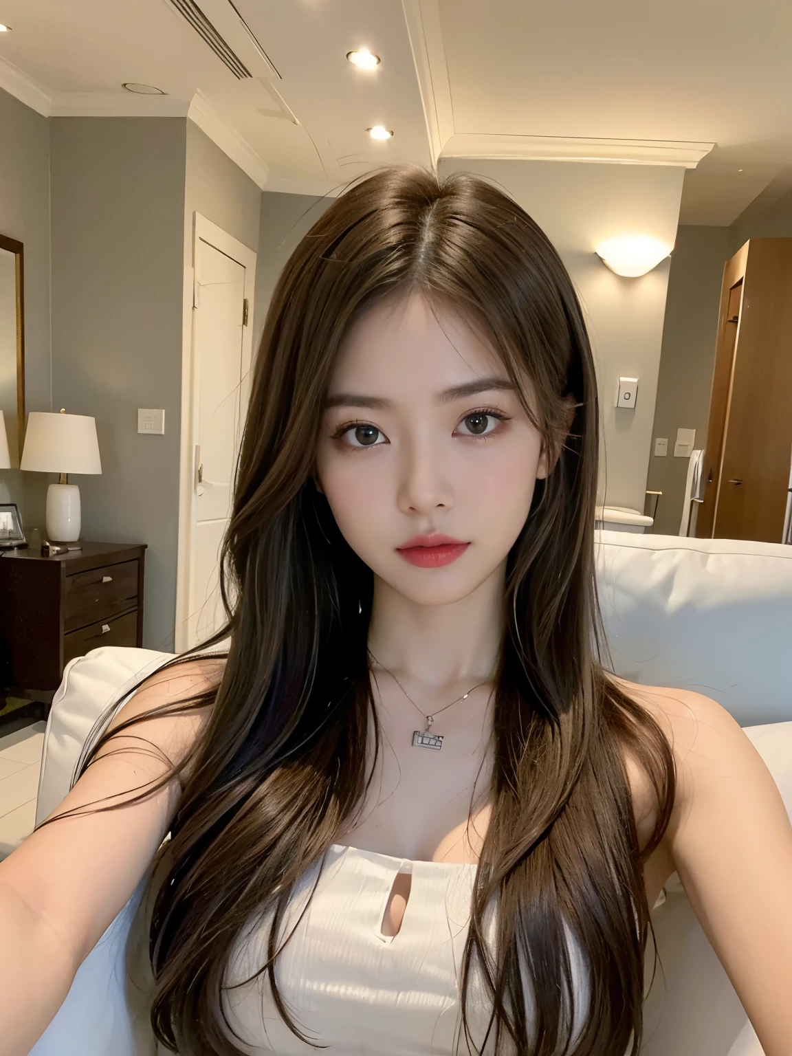 ((realistic lighting、highest quality、8k、masterpiece:1.3))、clear focus:1.2、naked:1.3、1 girl、perfect body beauty:1.4、slim abs:1.1、dark brown eyes、((dark brown hair、big breasts:1.2))、(acceleration:1.4)、narrow side、on the sofa in the lounge、open your legs、look at the camera、(24-years-old:1.3)、highly detailed face、detailed eye、double eyelid、necklace、