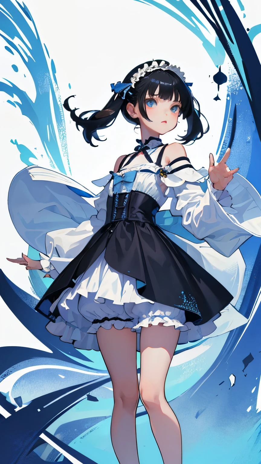 (short cute girl， young studeg delicate girl）,（masterpiece，Top quality)，light blue lolita outfit，shorts，long black hair,Mucha